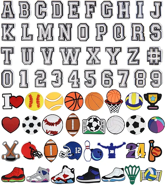 Letters Numbers and Sports Decoration Charms, Basketball Baseball Hockey Softball Soccer Football Gift for Boys Kids Teens and Adults