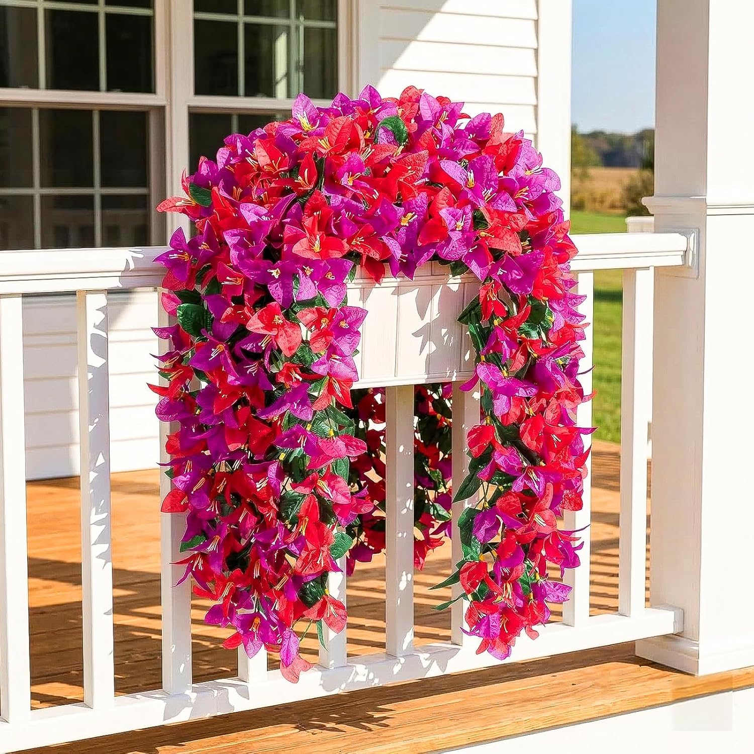 Bougainvillea Artificial Flowers, 2pcs Faux Trailing Vines, Large Silk Plants for Outdoors and Indoor Decoration, UV-Resistant, Realistic for Patio, Porch, Balcony, Yard, Planters (Rose Deep Lotus)