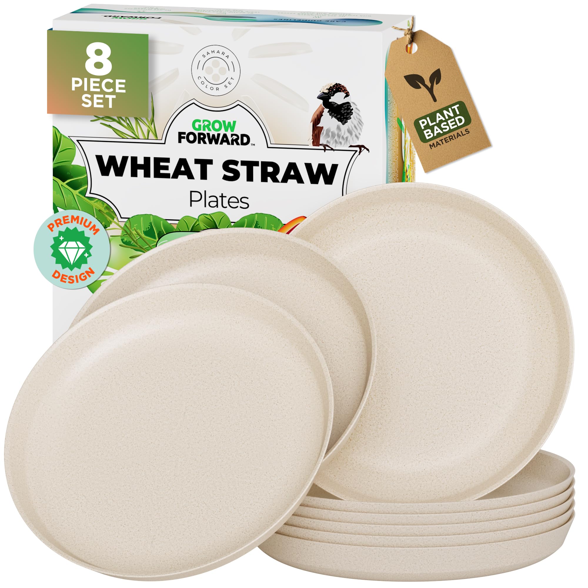 Grow Forward Premium Wheat Straw Plates - 10 Inch Reusable Hard Plastic Dinner Plates Set of 8 - Unbreakable & Microwave Safe Dishes for Dessert, Camping, RV, Outdoors, Patio, Kitchen - Sahara