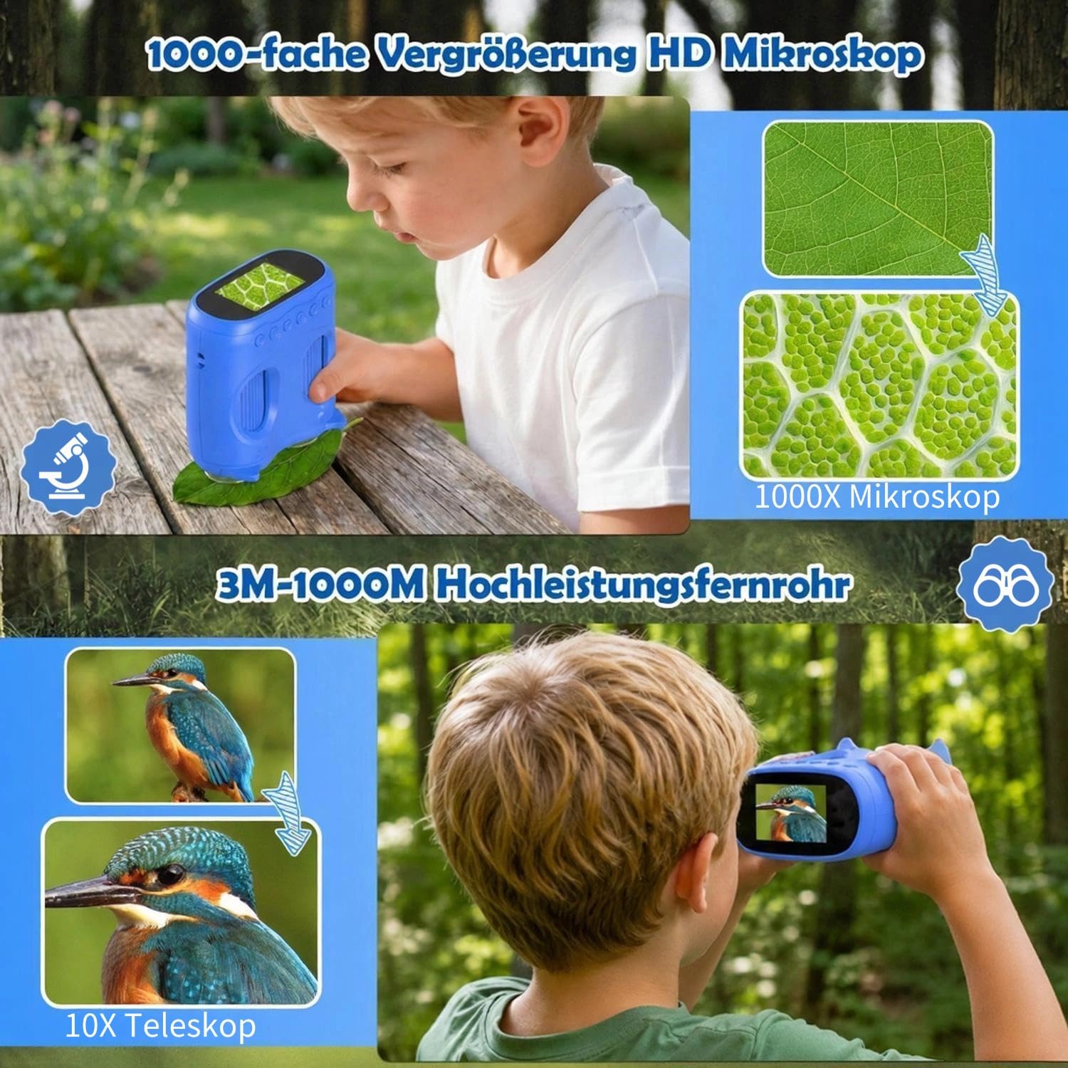 2 in 1 Mikroskop für Kinder und Fernglas Kinder, 2,0" IPS HD Mikroskop, 1000x Vergrößerung Teleskop mit 8 LEDs 1080P, Natur Outdoor Spielzeug für Mädchen Jungen ab 3 Jahre, Blau