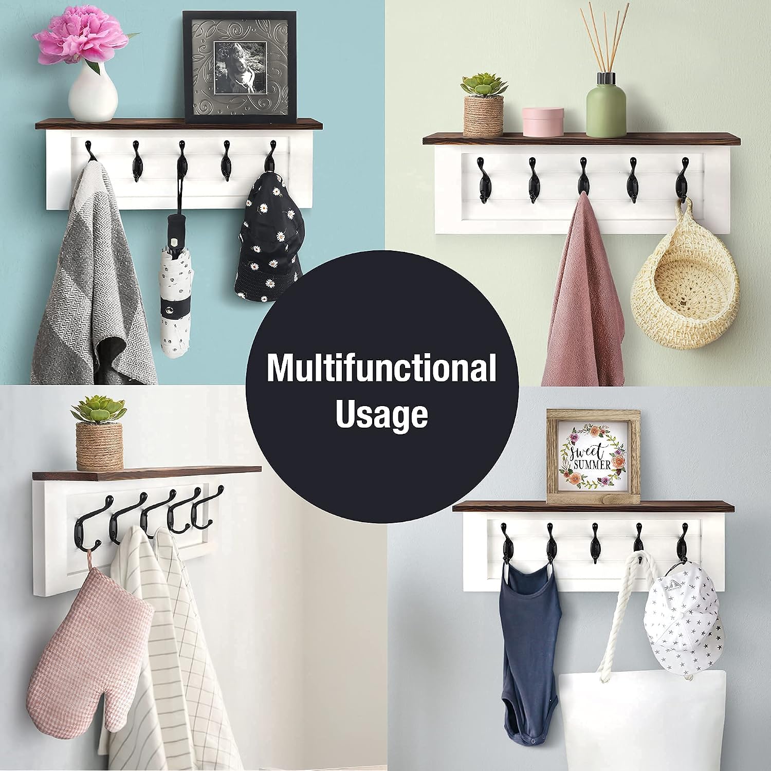 Decorative Coat Rack for Wall Mount - Stylish Rustic Shelf with 5 Hooks - Perfect Key Holder and Towel Rack to Simplify Your Home