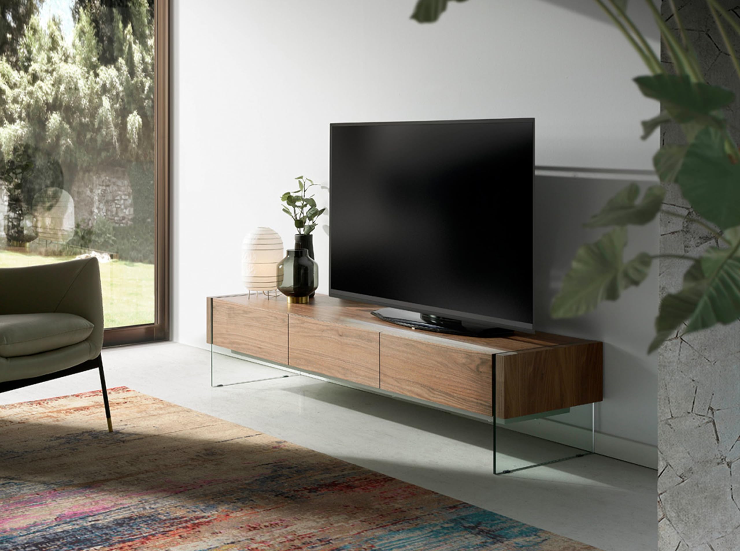 Ángel Cerdá - TV-Möbel aus Nussbaum mit Glasseiten - TV-Möbel aus Holz mit sanft schließenden Schubladen - modern, langlebig und funktionell - 188 x 45 x 39 cm