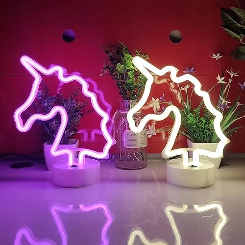 Miniatura 5 de JYWJ Letrero de neón de unicornio con base de soporte, luz de neón alimentada por USB o 3 pilas AA, decoración de mesa LED, decoración de pared de
