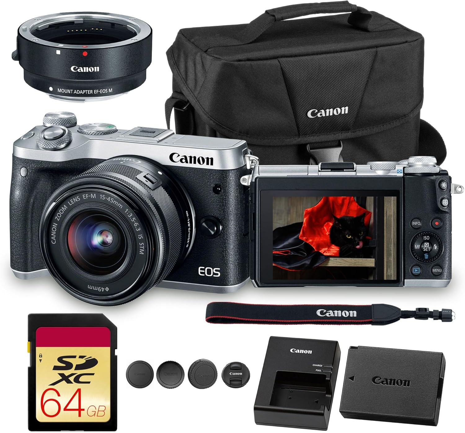 Canon EOS M6 Mirrorless Digital Camera with 15-45mm Lens (Silver) 24.2MP APS-C Sensor, Dual Pixel AF & Full HD Video | Vlogging Camera (1725C011) + EF-M Lens Adapter + 64GB Memory Card + Bag