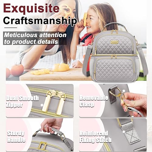 Miniatura 3 de Weitars Bolsa de almuerzo para mujer, lonchera de doble compartimento para mujer, bolsa de almuerzo para el trabajo, bolsa térmica térmica a prueba