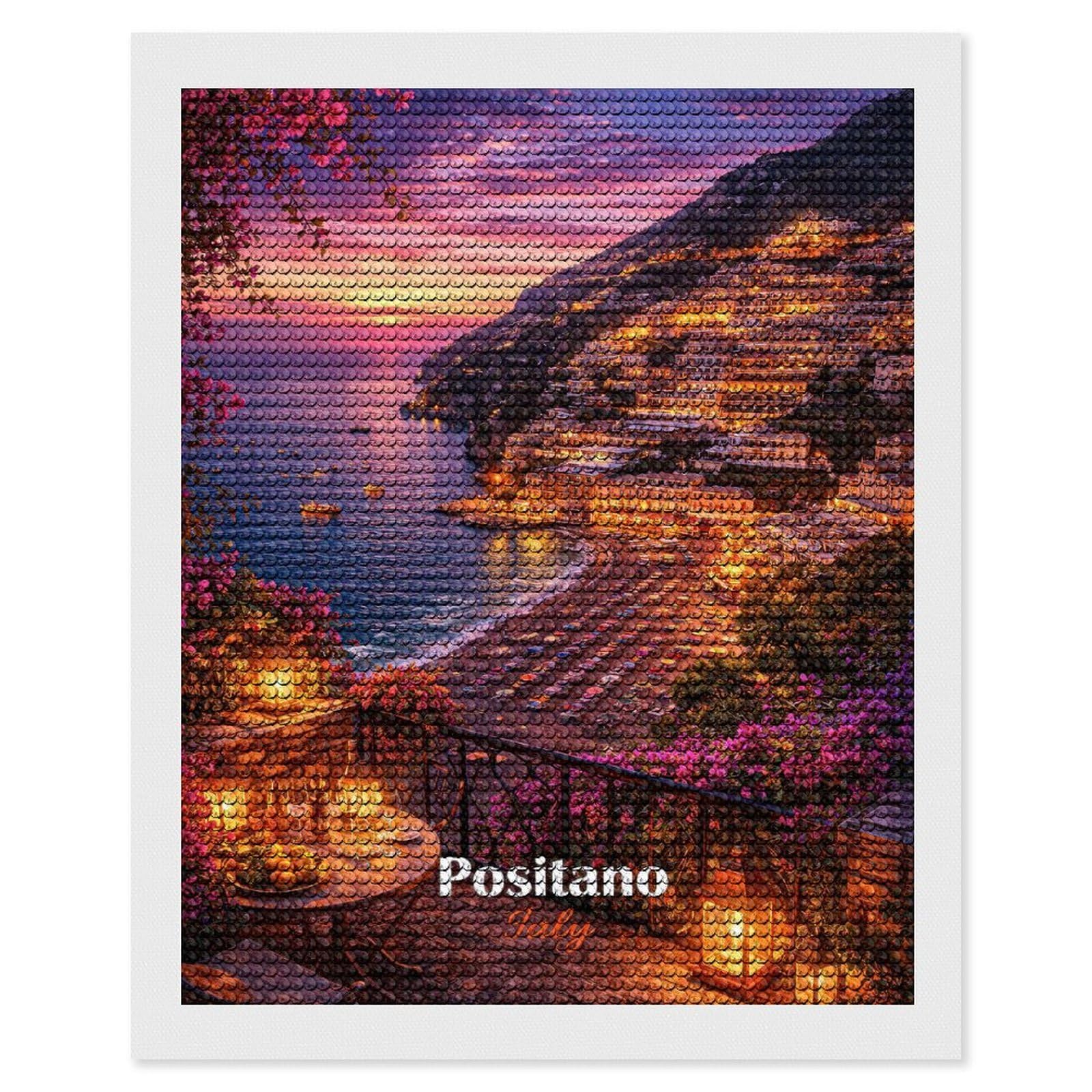 Junmoney Positano Italy Sunset Balcony View Diamond Art Canvas 16"x20", for Teens, Nice Detail and Sparkle, Farmhouse Decor, Festive Craft Gift, Easy to Enjoy