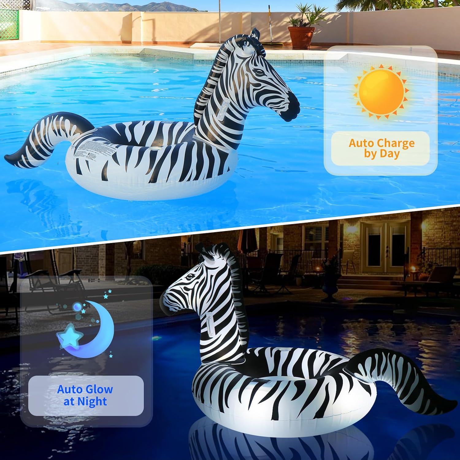 Inflatable Zebra Pool Float with Lights, FlyfreeU Solar Swimming Pool Floats, Large Lake Floats Beach Water Floaty with Fast Valves, Glow in The Dark Thick Pool Floaties for Adults