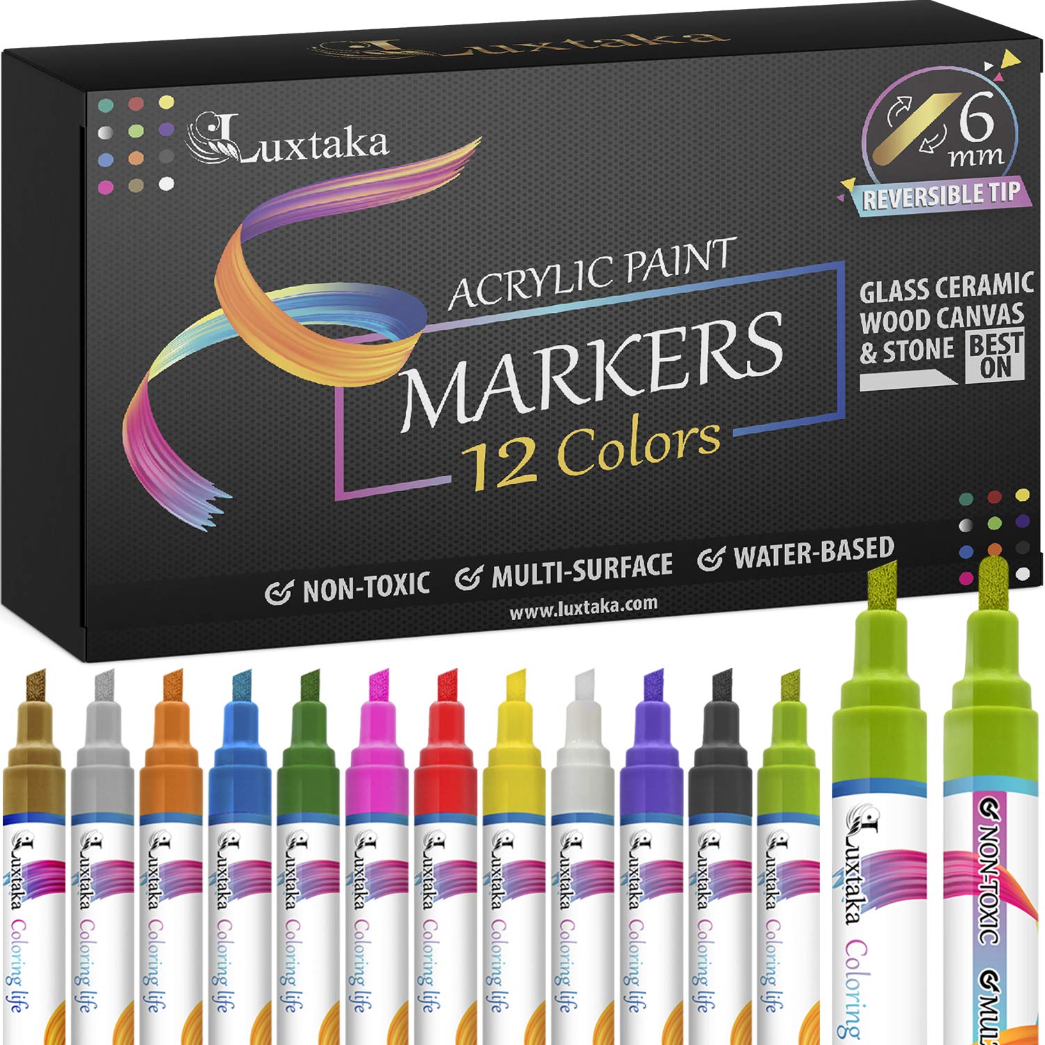 Luxtaka 6mm Reversible Tip Acrylic Paint Pens For Rock Painting, Stone, Ceramic, Glass, Wood, Metal And Other Surfaces - 12 Water Based Colors Markers For Adult Coloring And Kids Artworks