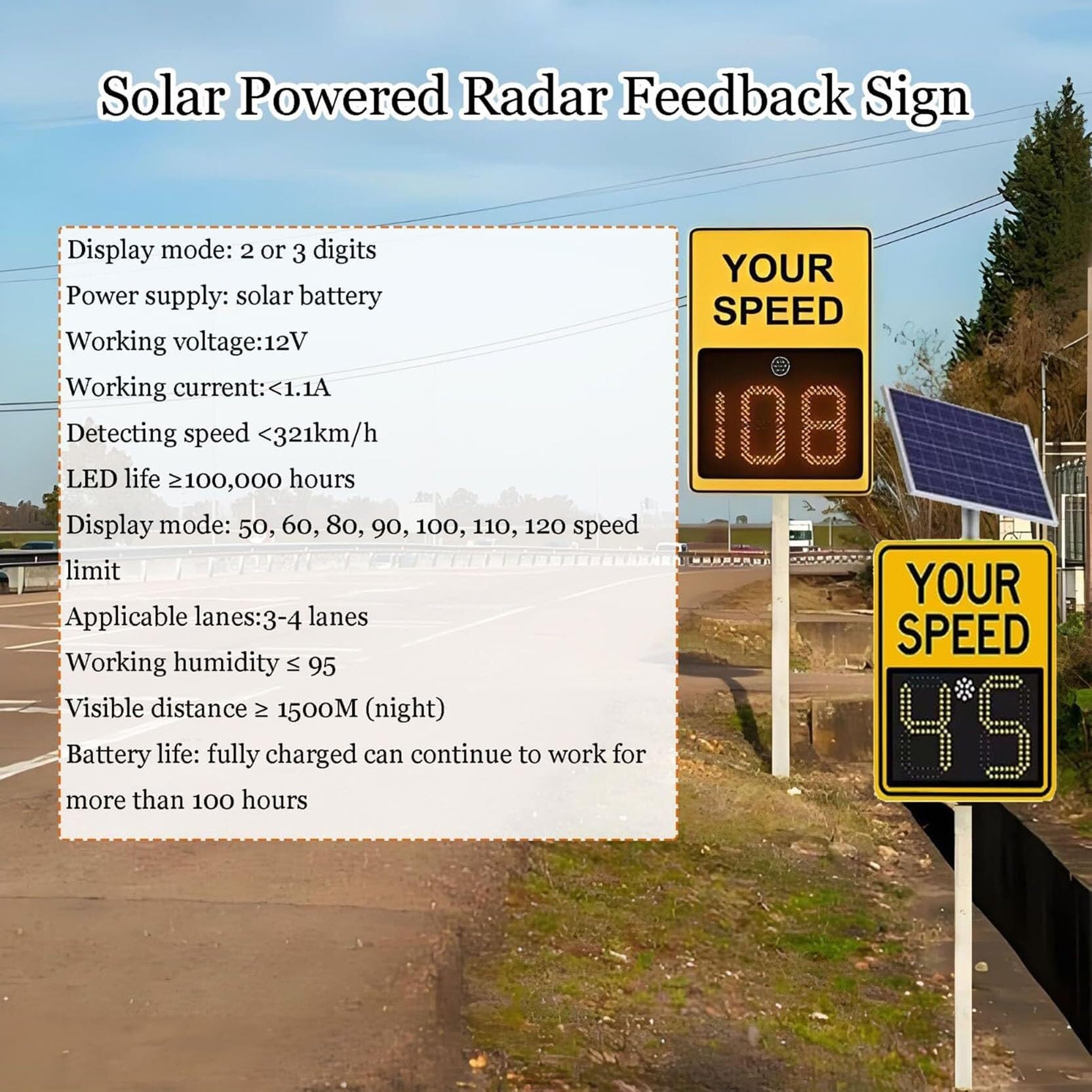 Señal de límite velocidad radar LED solar aleación aluminio