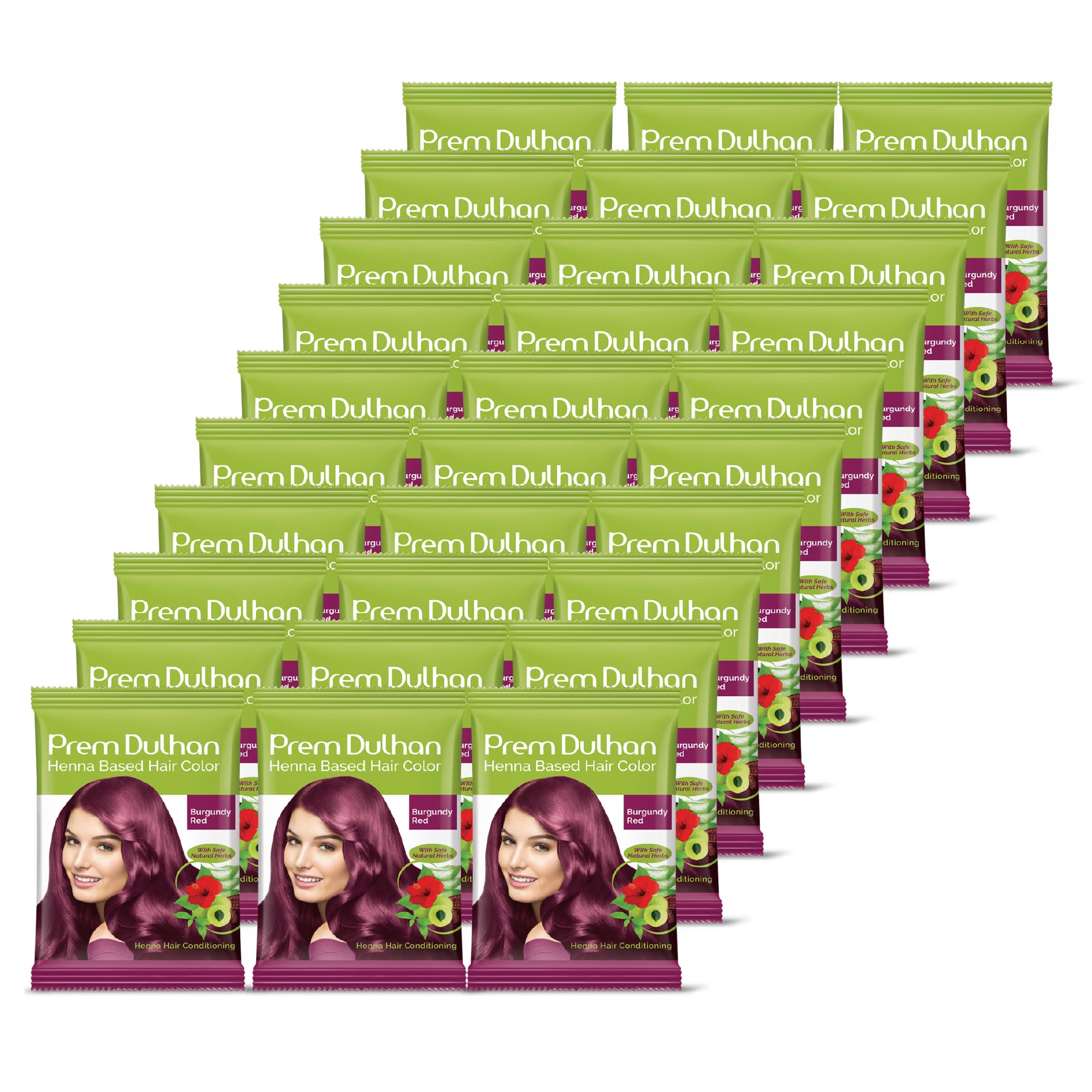 Prem Dulhan Henna Hair Color for Vibrant & Long-Lasting Results Burgundy Red Shade Ammonia-Free & PPD-Free Coloring, Sachets (Burgundy Red 15g/0.52 Ounce (Pack of 30))