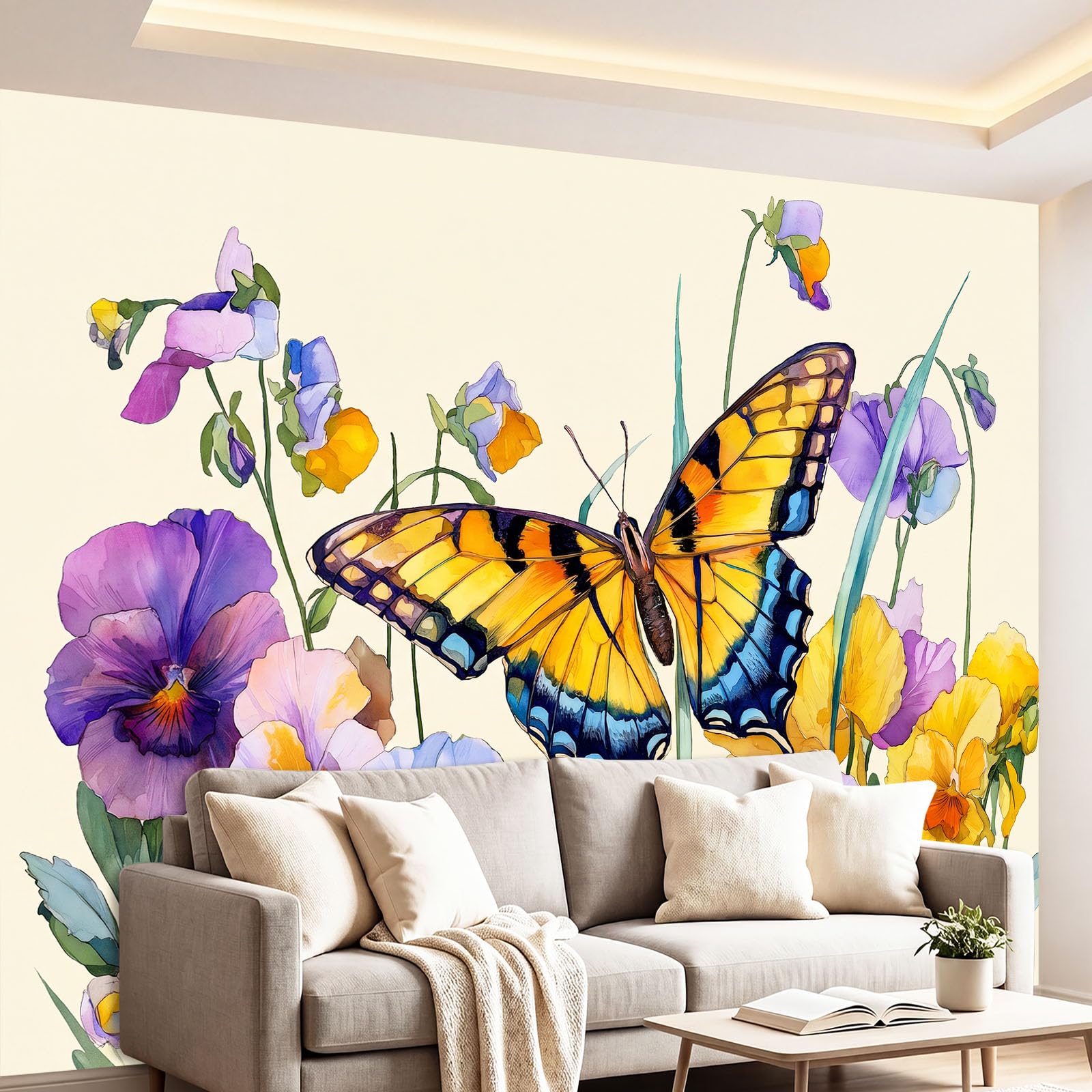 Motyl kwiatowe liście mural tapeta 200 x 140 cm (szer. x wys.), dekoracja ścienna, akwarela, estetyczny design, dla nastolatków, dzieci, sypialni, pokoju zabaw, dekoracja domu, tapeta