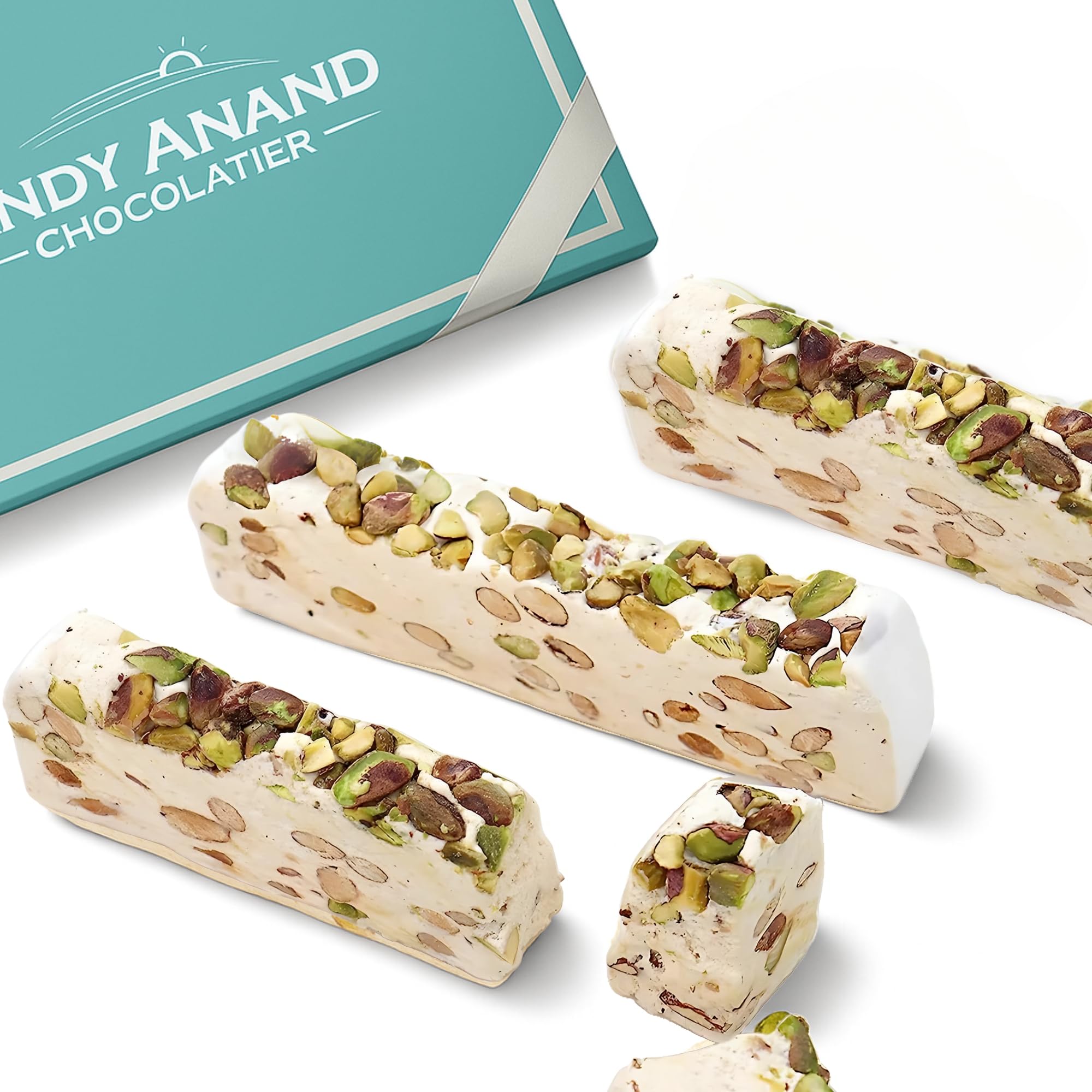 Andy Anand Roasted Pistachios Soft Candy Brittle - Nougat Turron Made With Wildflower Honey - Delicious, Luxuriously Creamy Feel Almond Nougat - Gluten Free Chocolate - Made in Europe (7 Oz - 2 Pack)