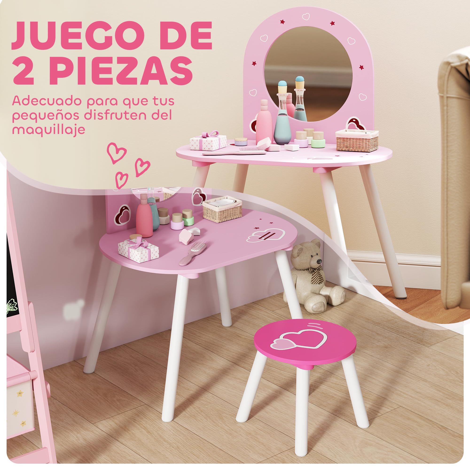 AIYAPLAY Tocador Infantil con Taburete y Espejo, Tocador para Niñas con Dibujos de Corazones, Mesa de Maquillaje para Niños y Niñas de 3-6 Años, Rosa