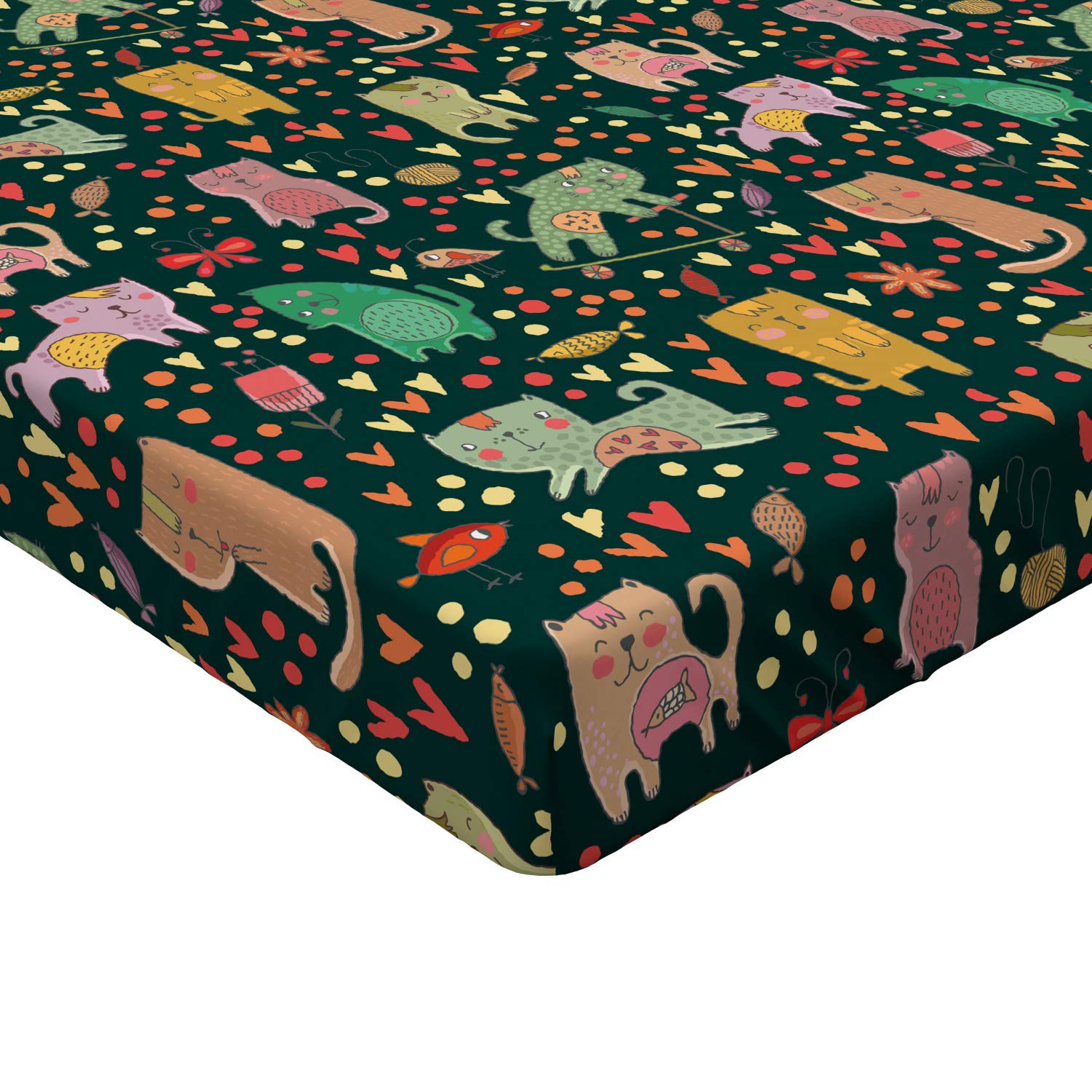 Ambesonne Cat Fitted Sheet, Cartoon Style Feline Pattern on a Hearts Dots and Fish Background Animal Theme, Bed Cover with All-Round Elastic Deep Pocket for Comfort, Twin XL Size, Black Teal