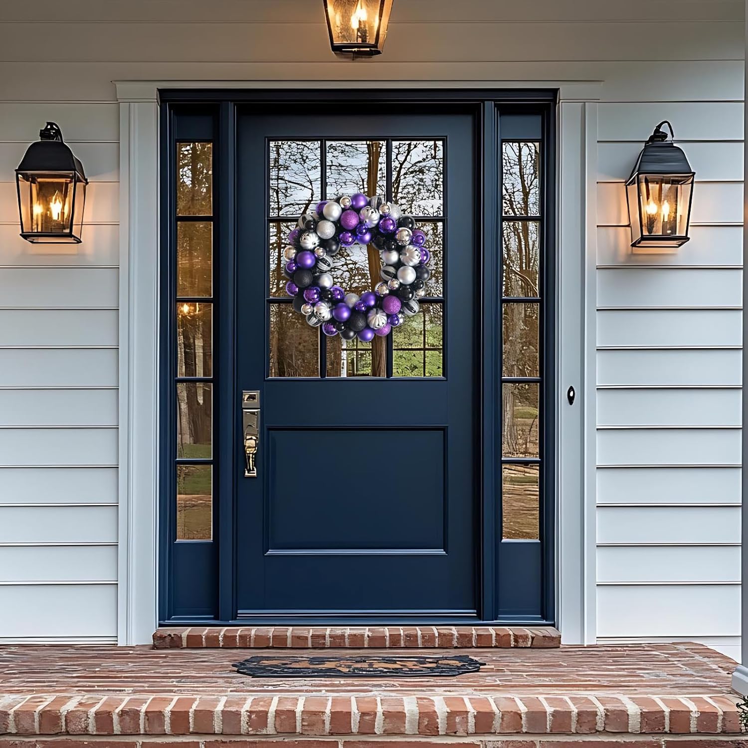 Halloween Ball Wreath for Front Door, Fall 20 Inch Sliver Purple Black Color Large Ball Wreath for Indoor Outdoor, Halloween Door Home Decor