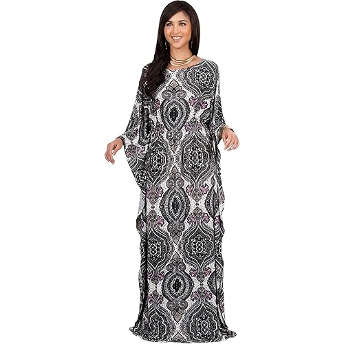 KOH KOH Womens Long Kaftan Boho Print Jersey Flowy Casual Abaya Gown Maxi Dress