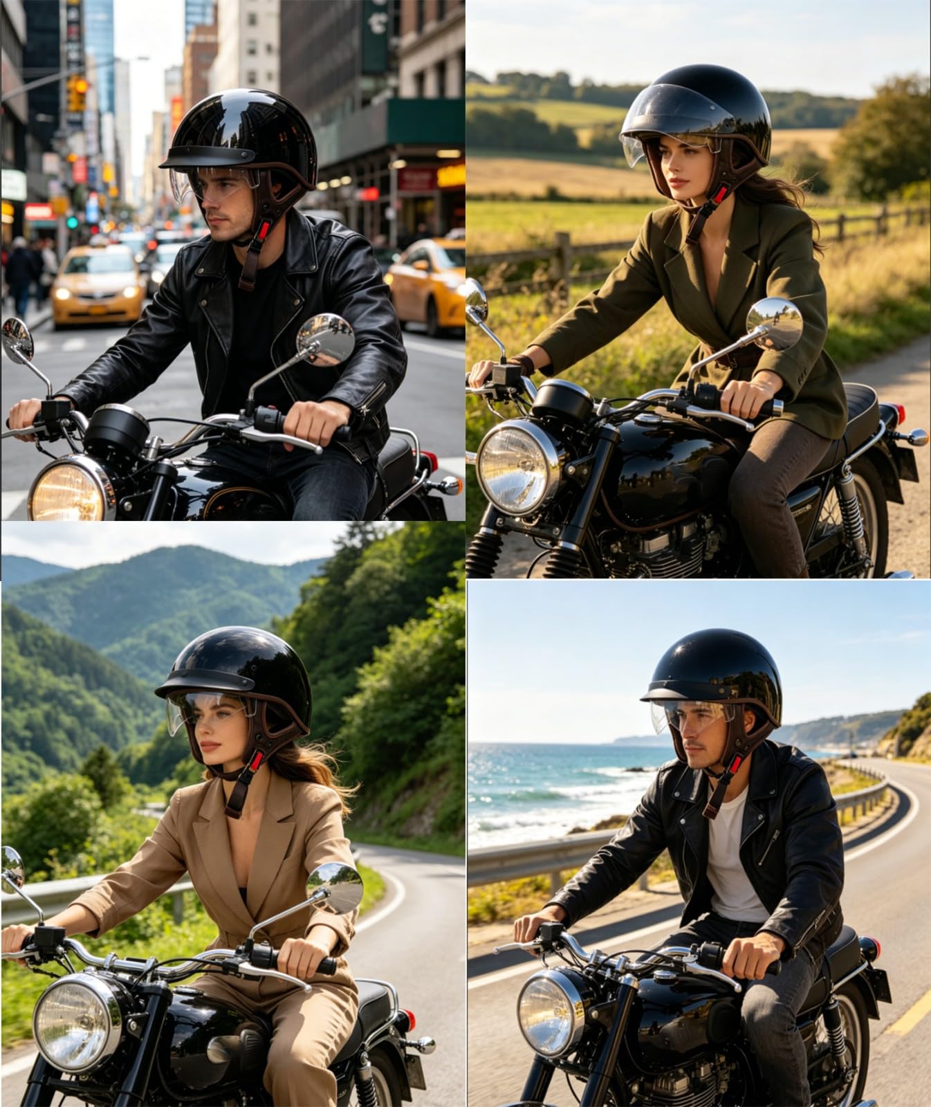 Mezzo Casco Moto Retro Certificato DOT & ECE Con Visiera Unisex Adulti