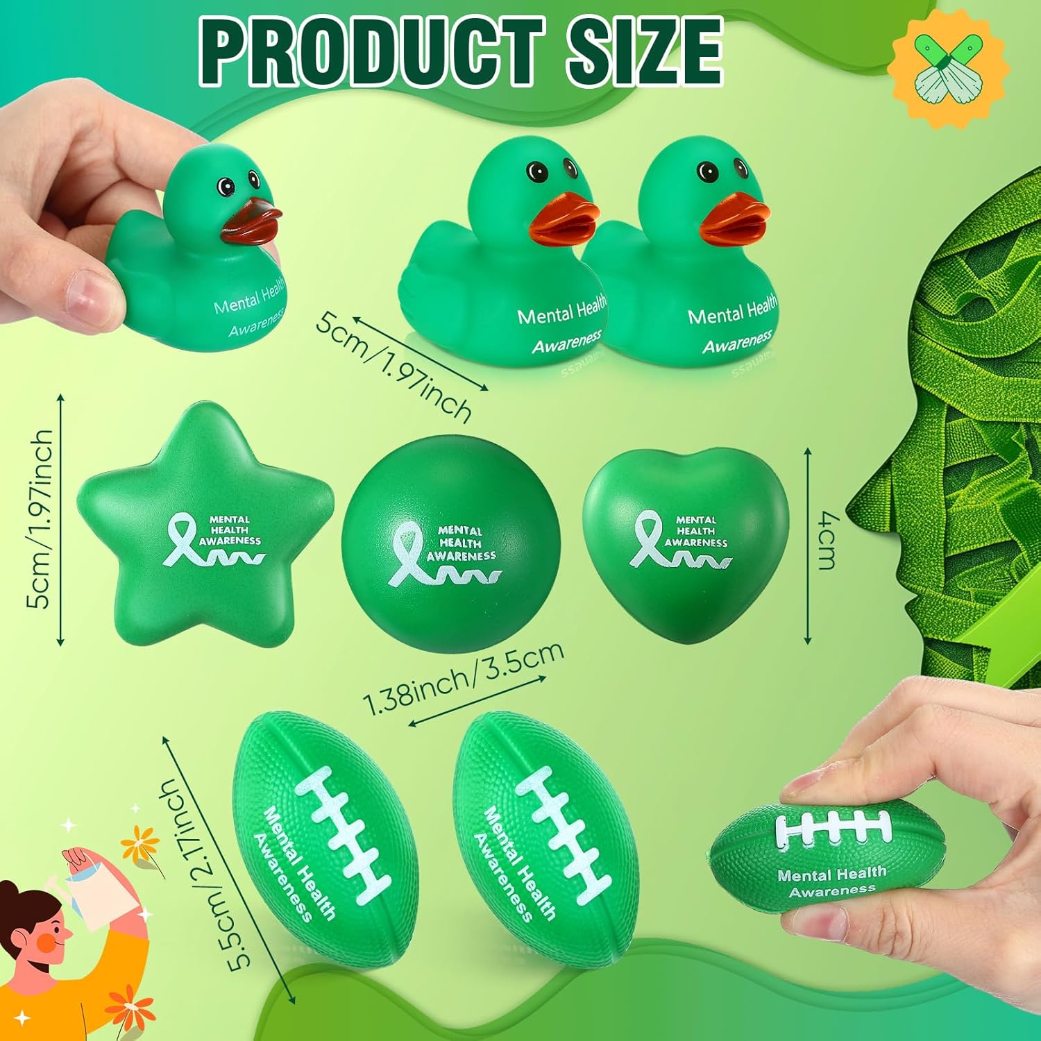 WinnerWhy 1008 Pcs Mental Health Awareness Items Include Stress Balls, Rubber Ducks, Ribbon Pins, Badge Brooches, Pens, Stickers, Wristbands, Lanyards, Key Chains, Mental Health Awareness Month Kits