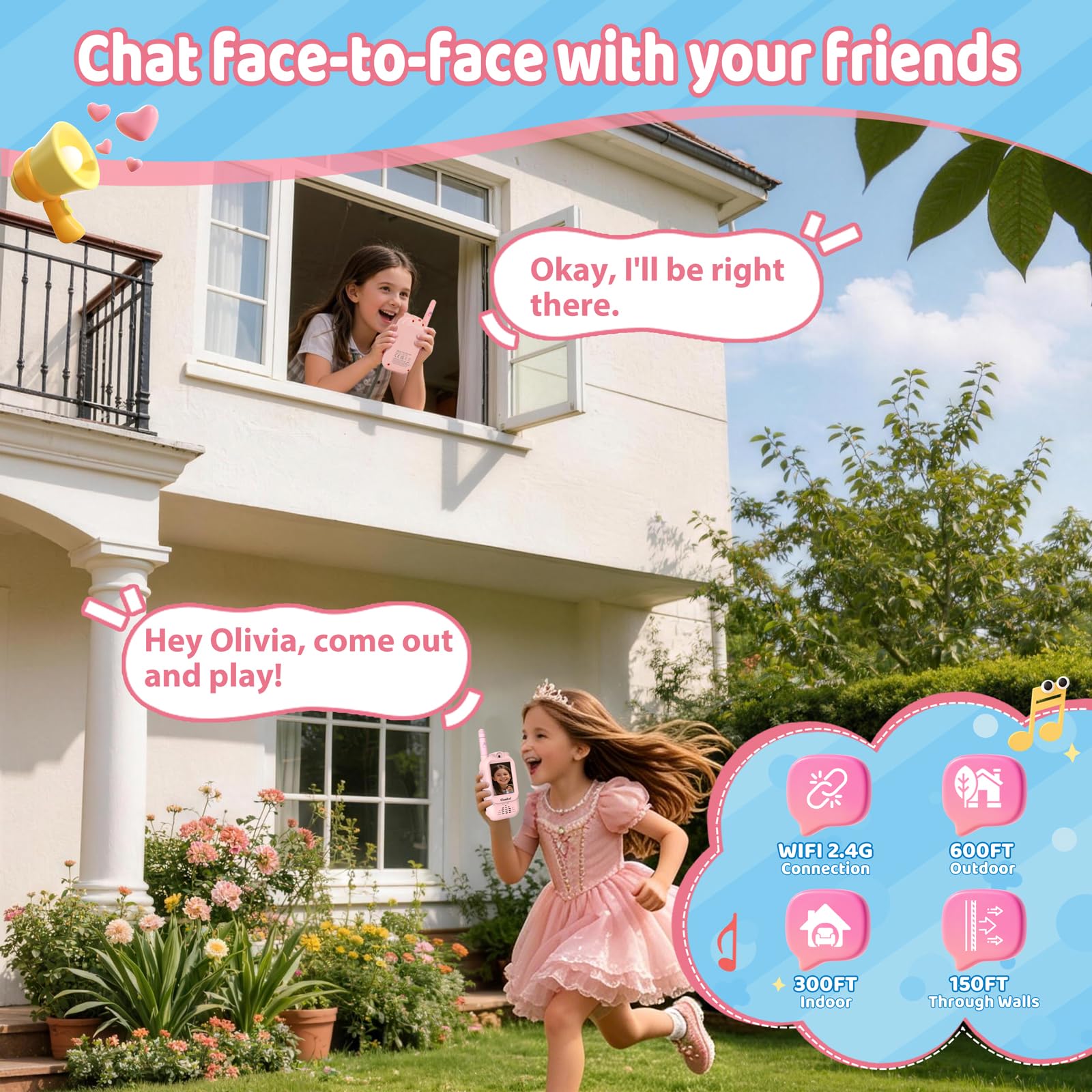 Video Walkie Talkie Bambini Lungo Raggio Ricaricabile, Regalo Bambina 3-12 Anni, Videochiamata, 6 Effetti Voce, 23 Emoticon, 12 Adesivi, LCD 2", Rosa, Confezione da 2