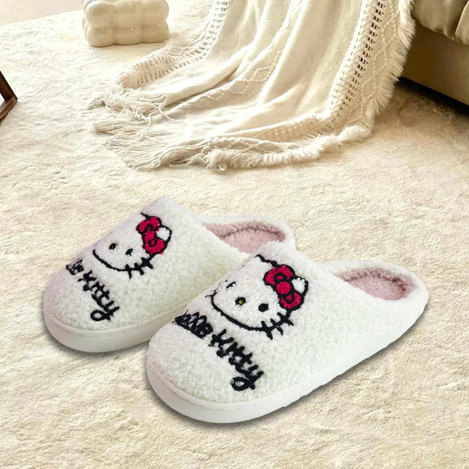 Slippers For Women Girls Cute Cat Fuzzy House Slippers For Indoor Bedroom,White - Image 5