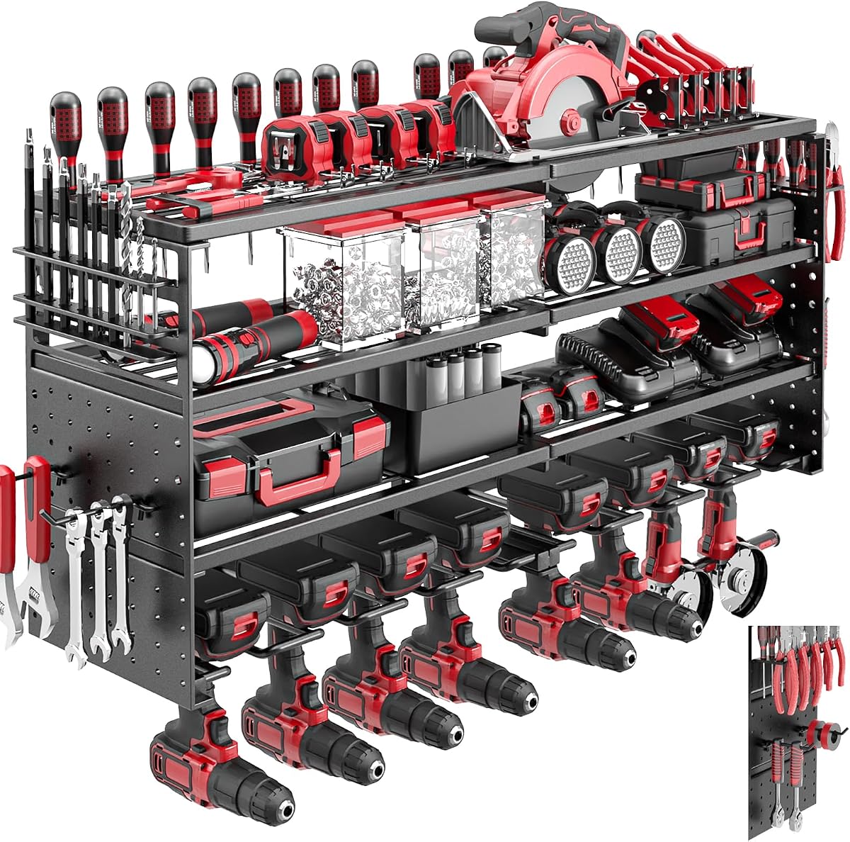 33" Metal Power Tool Organizer Wall Mount,4 Tier,Black | Heavy-Duty Metal,320 LBS Capacity,8 Cordless Drill Holders,Adjustable Hooks,Tool Shelf for Garage Workshop Shed,Pegboard