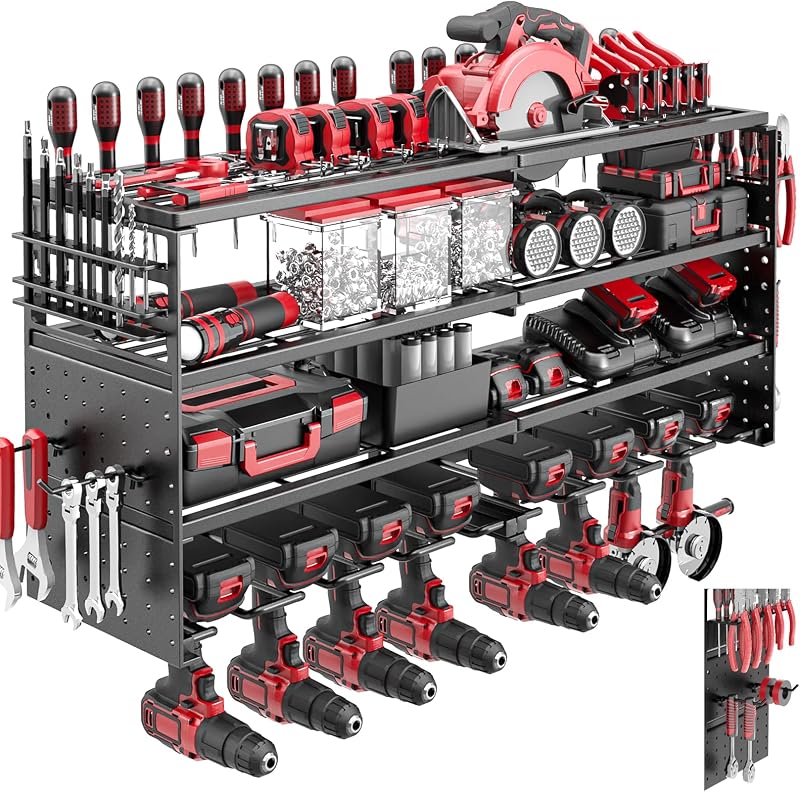 33" Metal Power Tool Organizer Wall Mount,4 Tier,Black | Heavy-Duty Metal,320 LBS Capacity,8 Cordless Drill Holders,Adjustable Hooks,Tool Shelf for Garage Workshop Shed,Pegboard