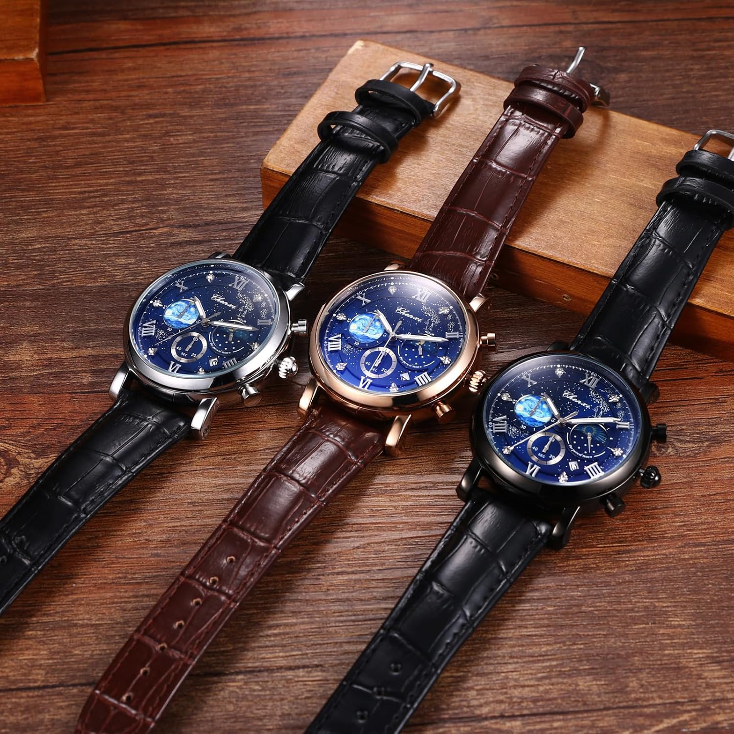 Avaner Men's Leather Strap Watches: Analog Quartz Wrist Watch with Luminous Hands and Three-Eye Dials