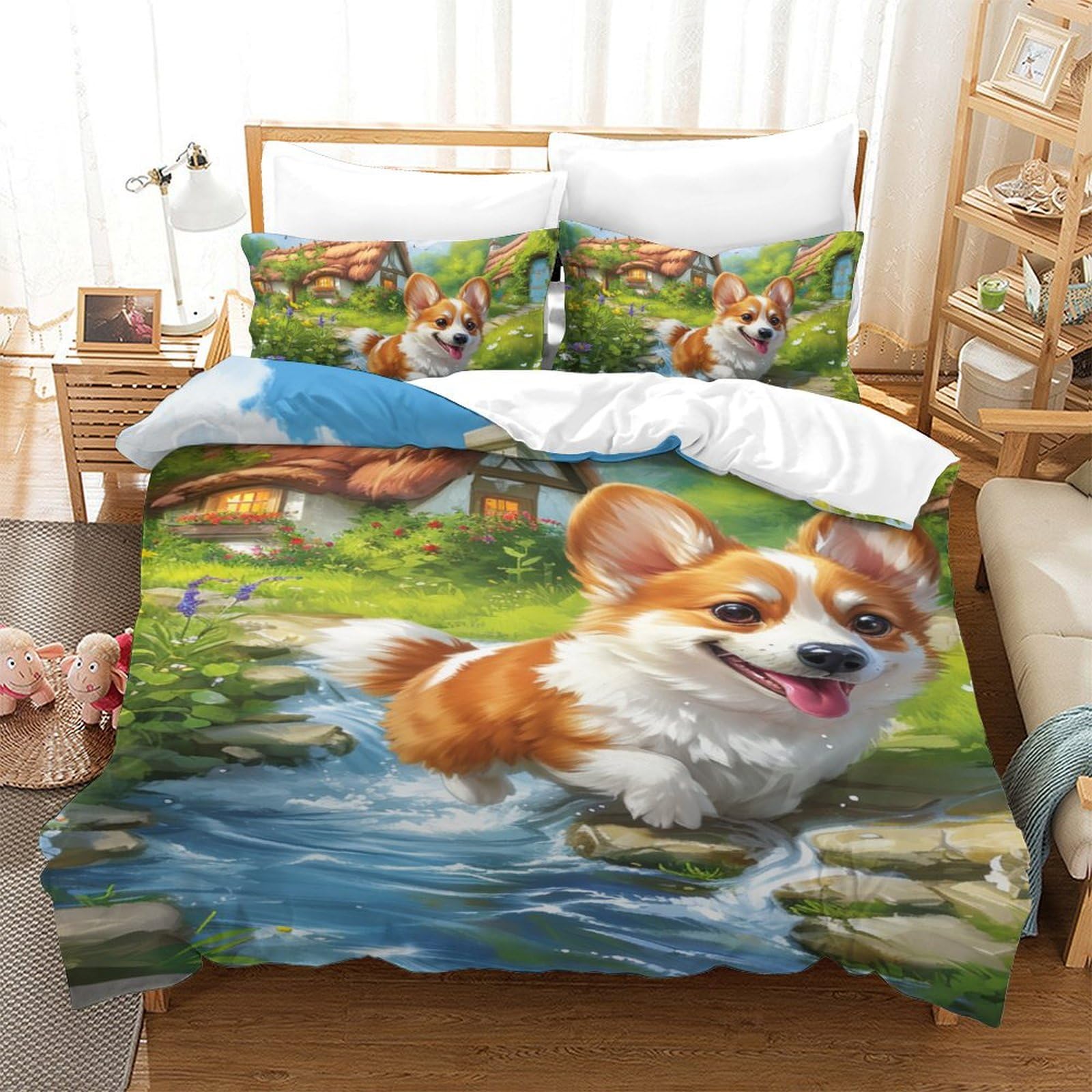 Housse de couette Corgi zippée en microfibre douce pour lit simple enfant facile à laver