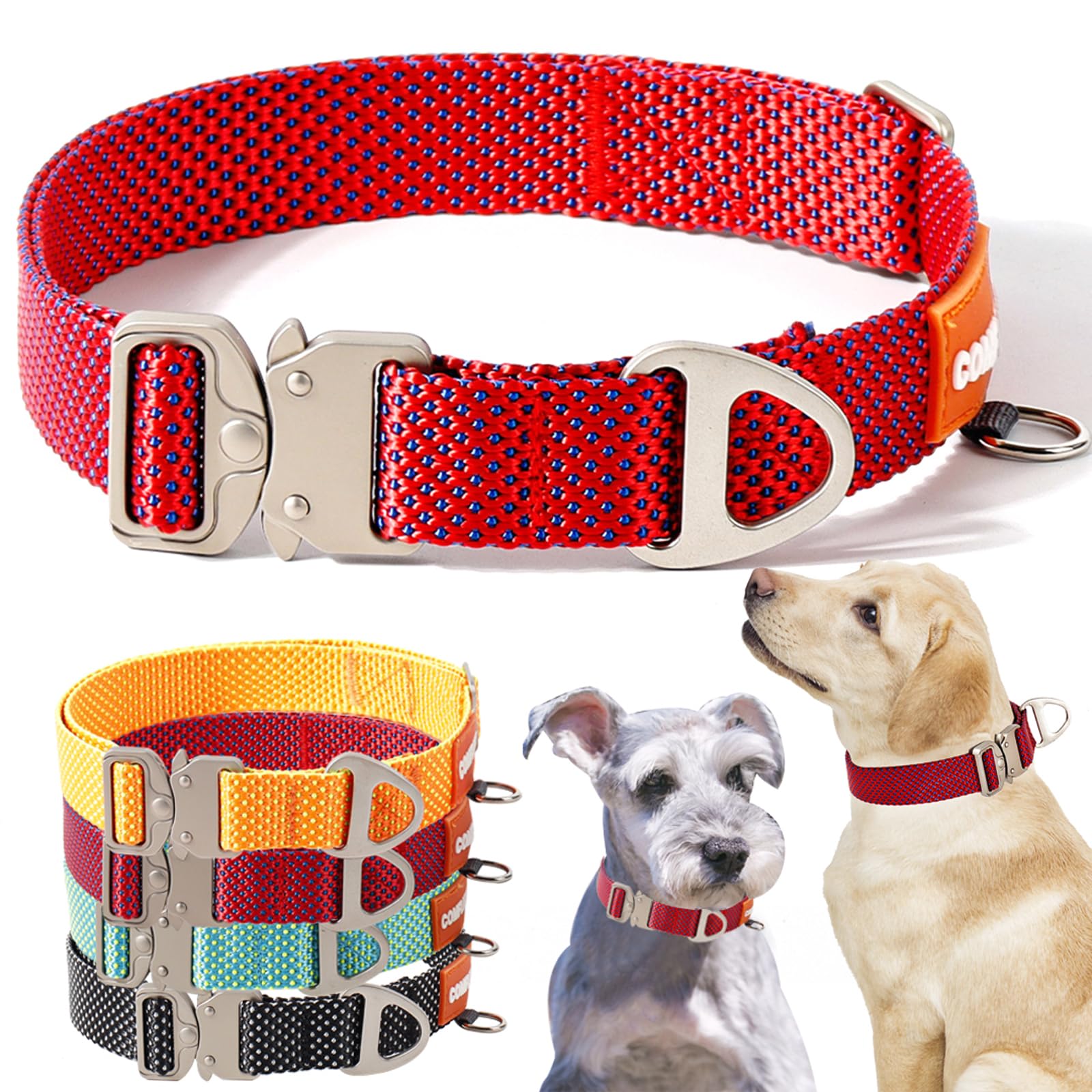Comfluxe Heavy Duty Nylon Dog Collar with Metal Buckle | Quick Release Adjustable Dog Collar for Small Medium Large Dogs | Durable Outdoor Walking &
