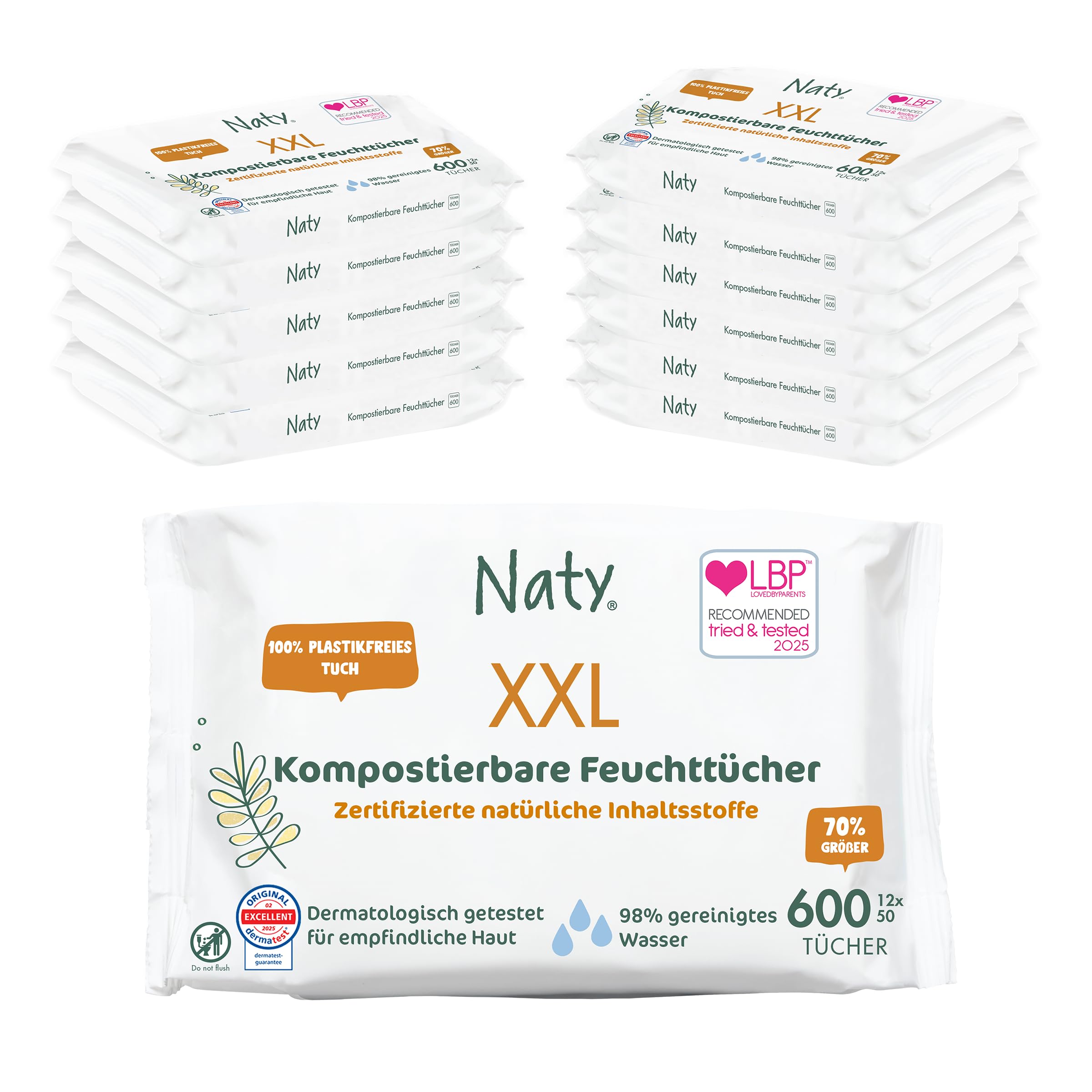Naty XXL kompostierbare Baby Feuchttücher – Unparfümiert, 100% pflanzenbasiert, plastikfrei, hypoallergen für empfindliche Haut und dermatologisch getestet (XXL – 600 Tücher – 12 x 50 Stück)