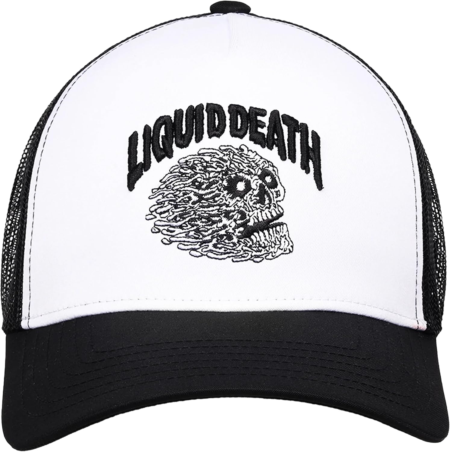 Concept One Liquid Death Trucker Hat with Mesh Back, Embroidered Skull Logo, Adjustable Snapback Baseball Cap