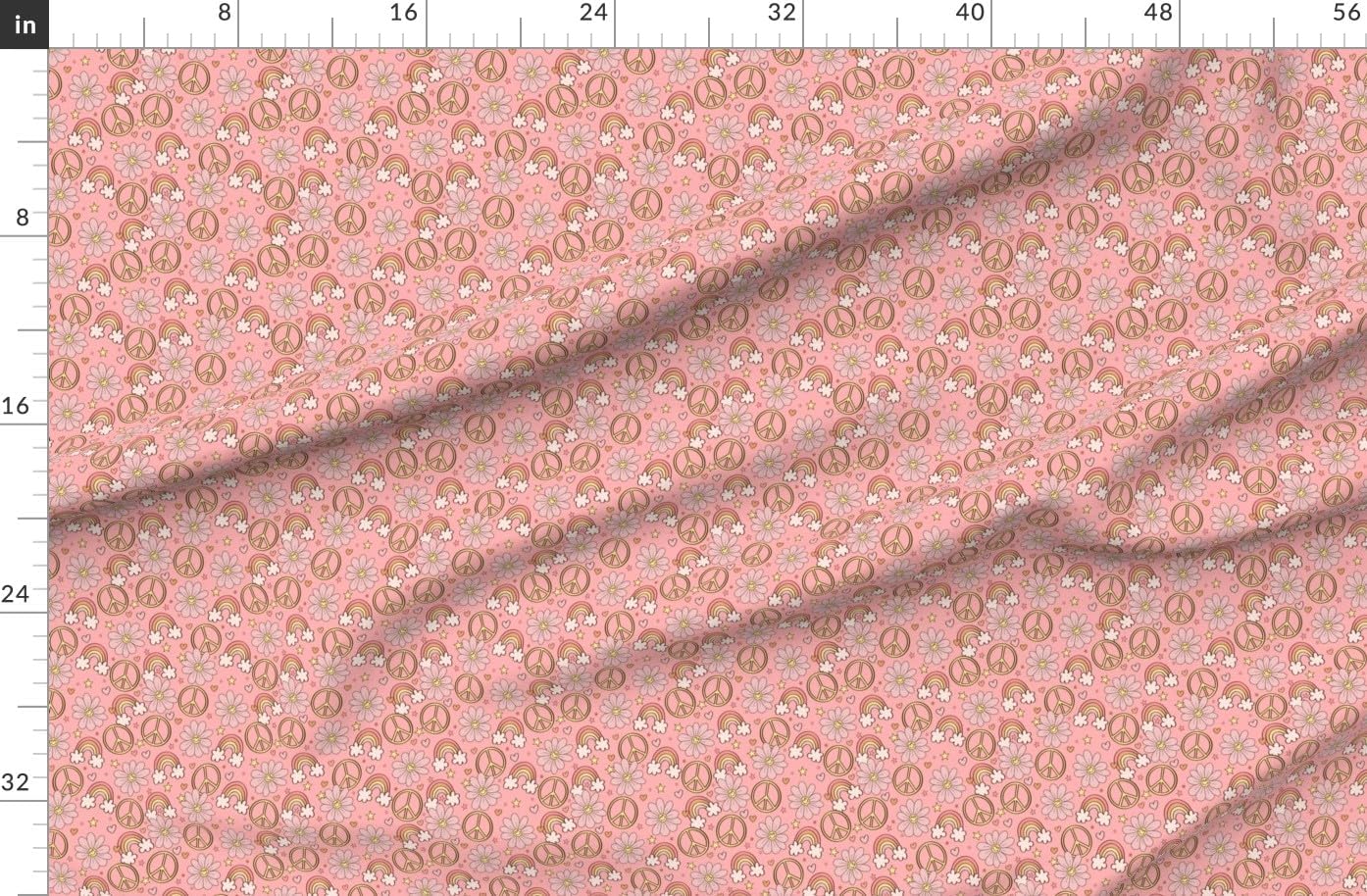 Spoonflower Fabric - Psychedelic Whimsical Groovy Pink Peace Sign Floral Rainbow Cute 60S Printed on Organic Cotton Sateen Fabric by The Yard - Sewing Quilting Apparel Home Decor