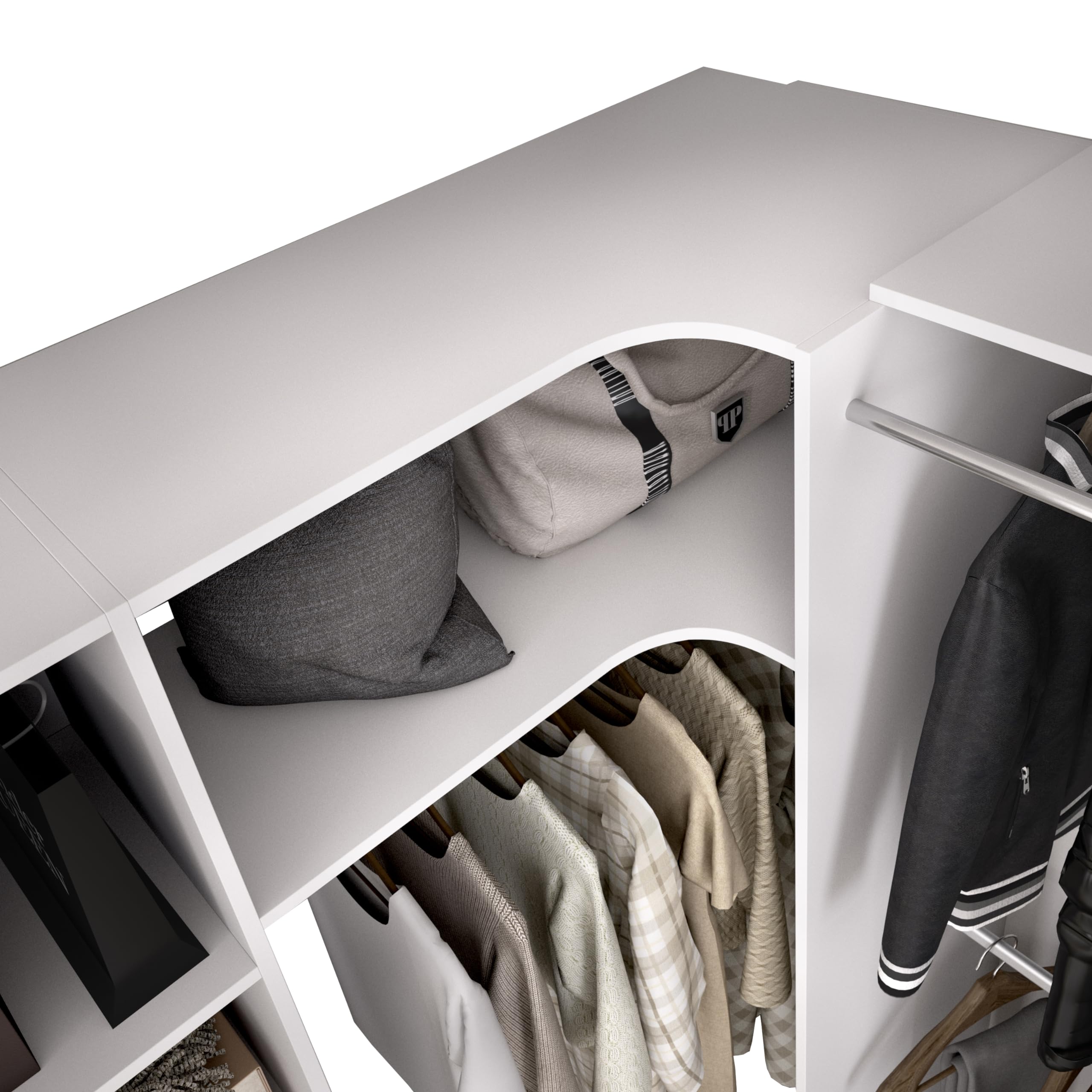 DEKIT GRUPO RIMOBEL SUIT - Conjunto de Vestidor rinconero con dos columnas, zona de barras y cortina - Blanco - 205 x 164-214 x 141 cm