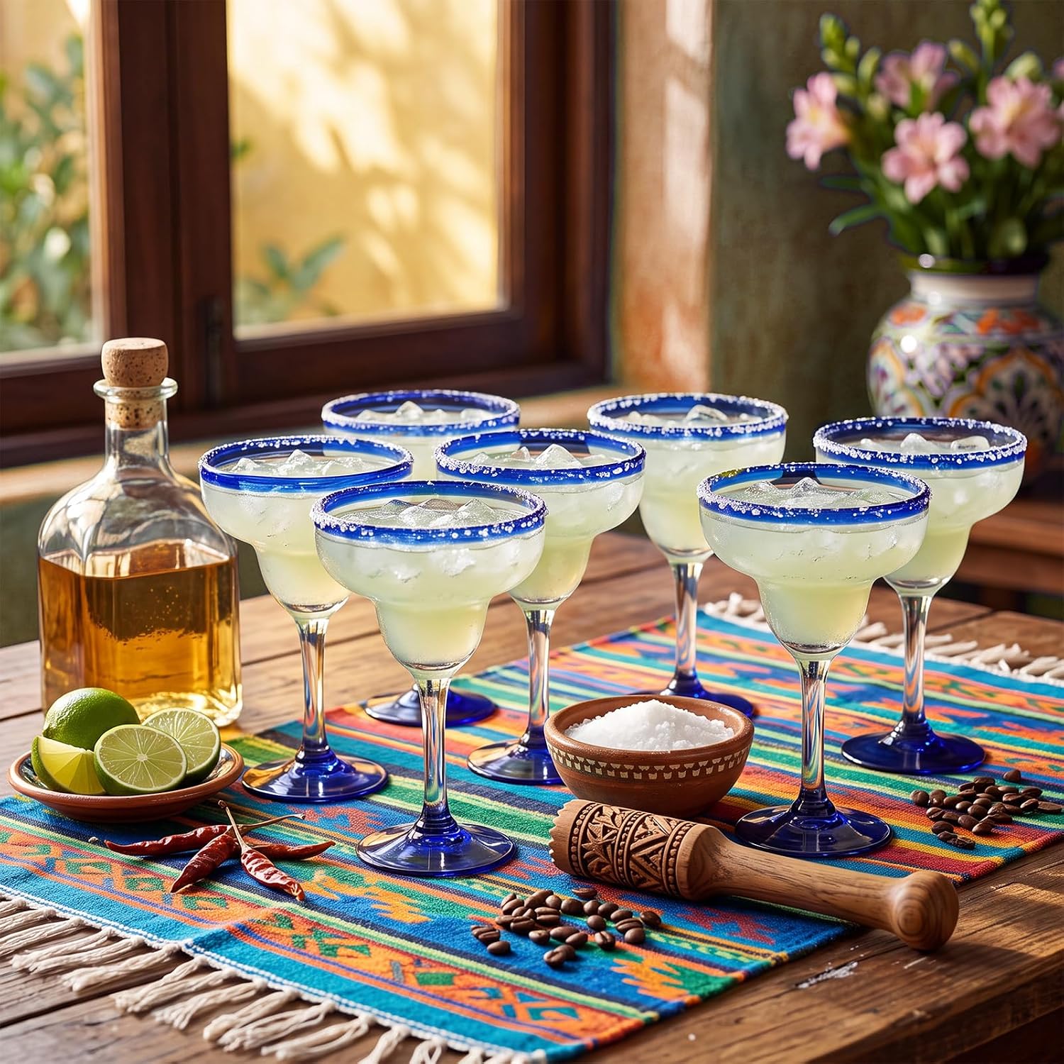 Vesici 6 Pcs Mexican Hand Blown Glass 16oz Cobalt Blue Rim Hand Blown Margarita Glasses Stemmed Cocktail Glasses, Authentic Artisan Crafted for Frozen Margaritas, Daiquiris & Parties
