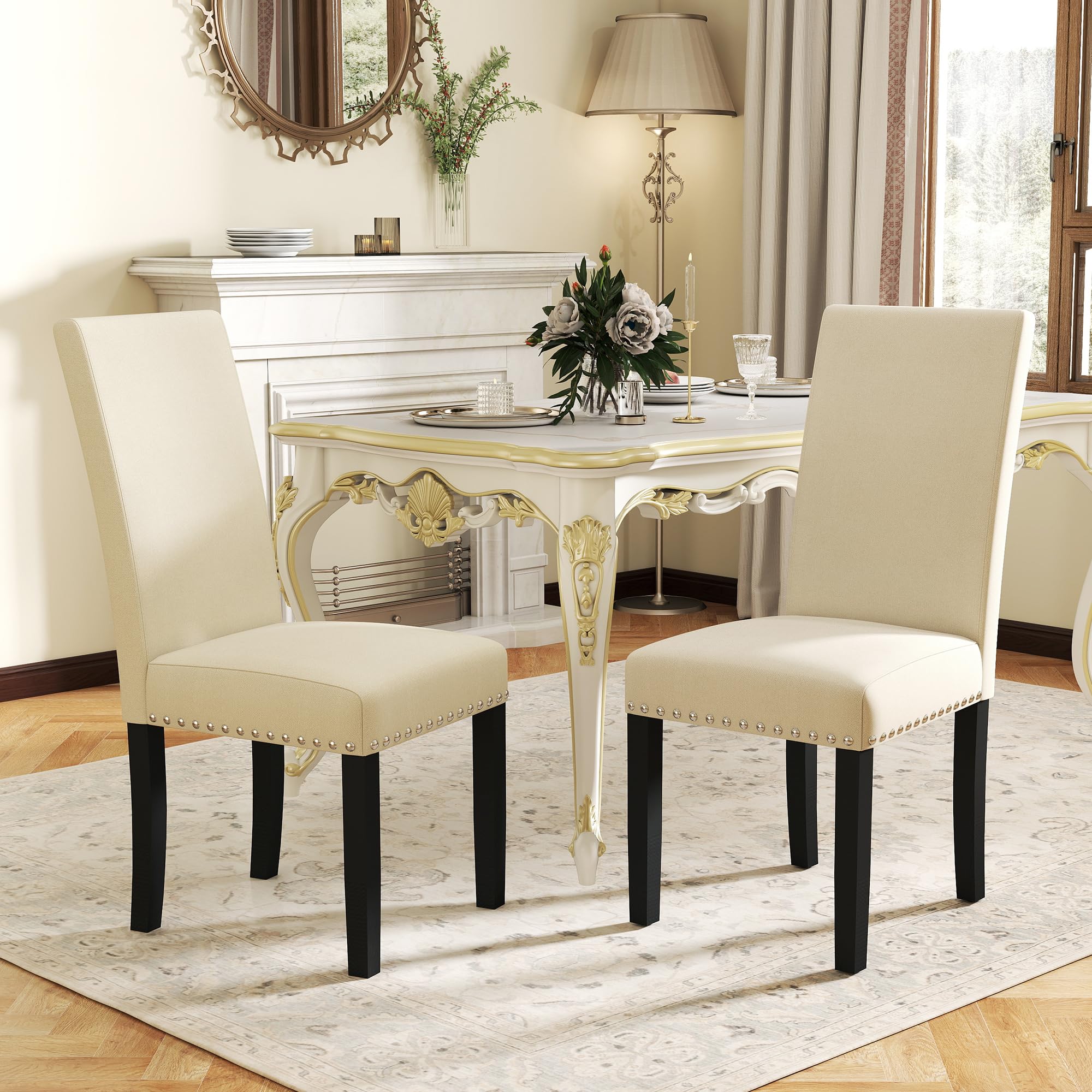 LSSPAID Dining Chairs Set of 2, Fabric Upholstered Dining Room Parson Chair with Nailhead Trim and Solid Wood Legs for Home and Kitchen, Beige