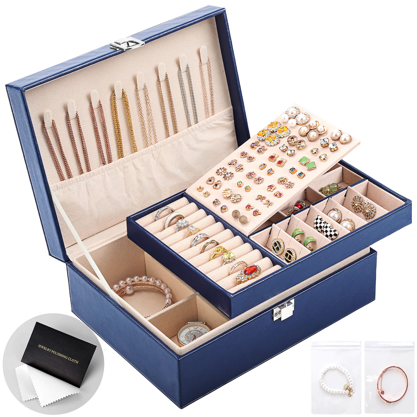 Jewelry Organizer Box PU Leather Jewelry Box for Girls Womens Earring Organizer Boxes 2 Layer Large Jewelry Storage