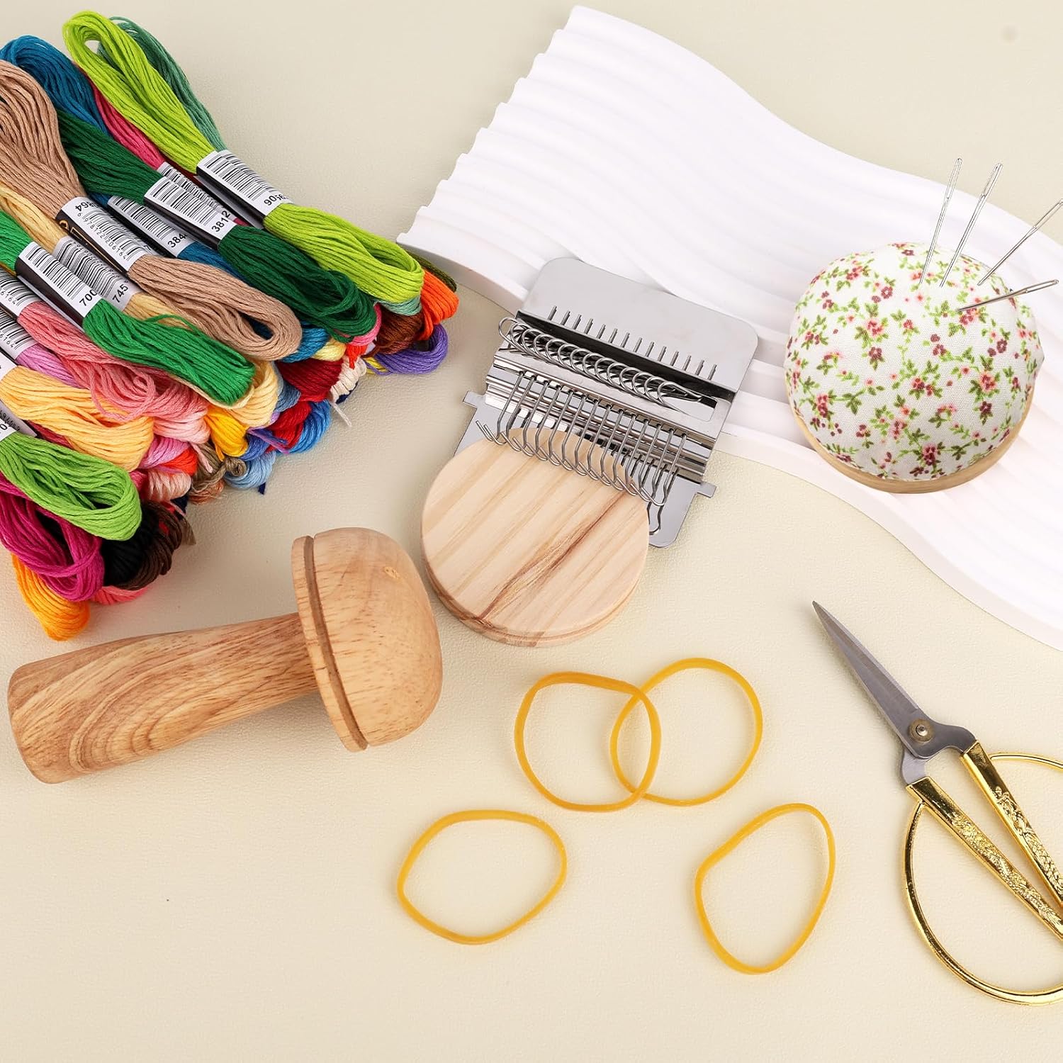 Penitue Mini Darning Loom, Mushroom Knit Kit with 14 Hooks Small Weaving Loom 14 Needle 50 Color Threads Portable Sewing Weaving Repair Tool for Mending Socks Clothes Jeans