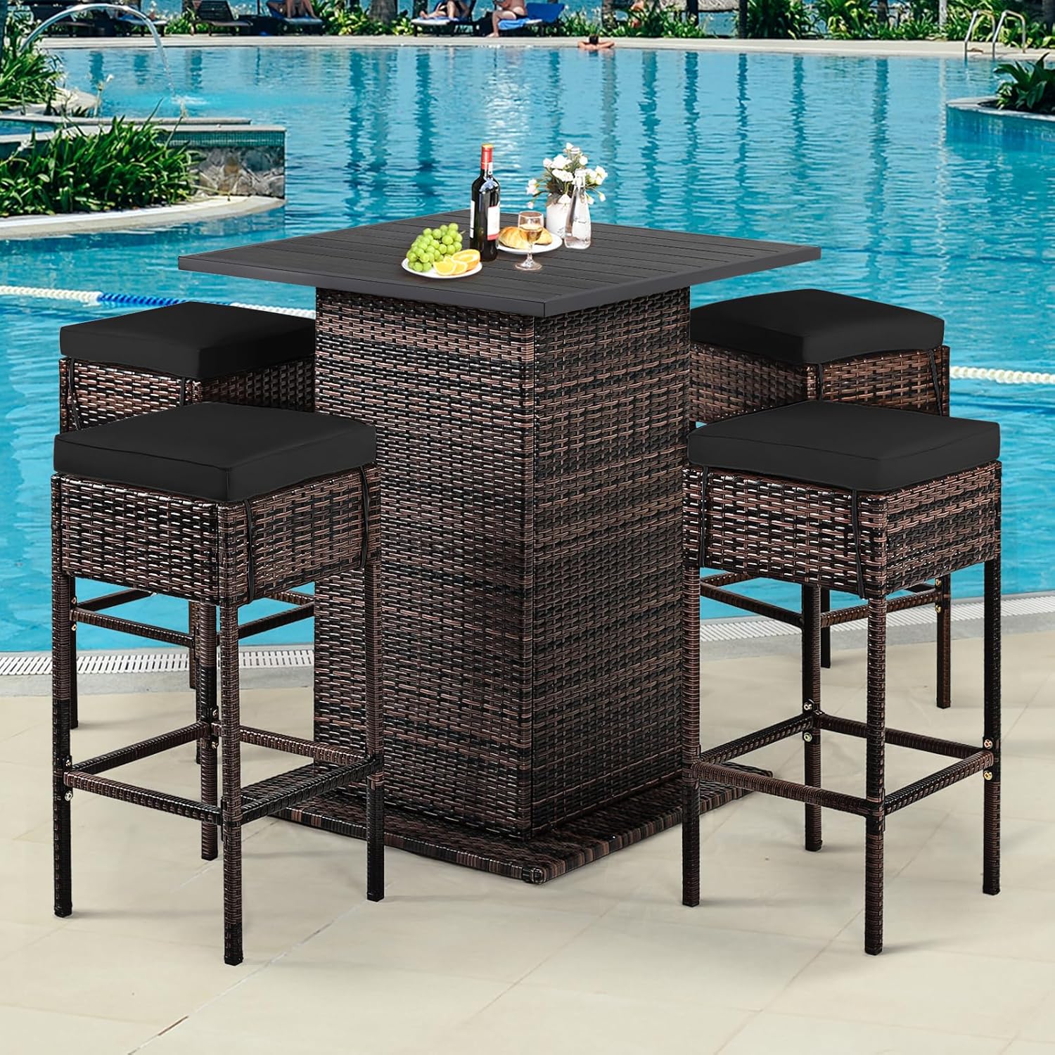 Nightcore 5 Piece Outdoor Bar Set, Wicker Rattan Patio Bar Set w/4 Bar Height Stools, High Top Table with Hidden Storage, Bar Table and Chairs Set with Seat Cushions for Backyard Poolside, Black