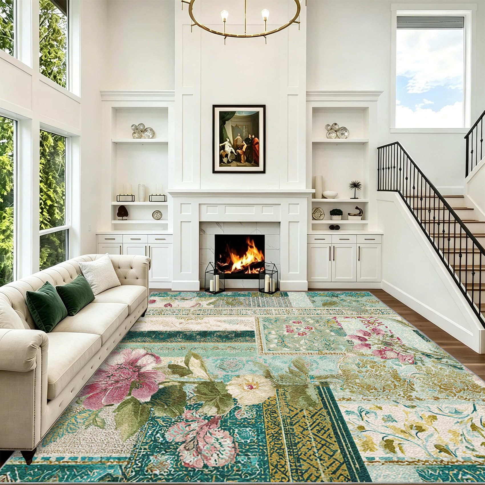 Générique Vert Sauge Tapis Patchwork Carré Salon 100x150 cm | Tapis Chambre Lavable Antidérapant Poil Court, Moquette Motif, Décoration Carpet