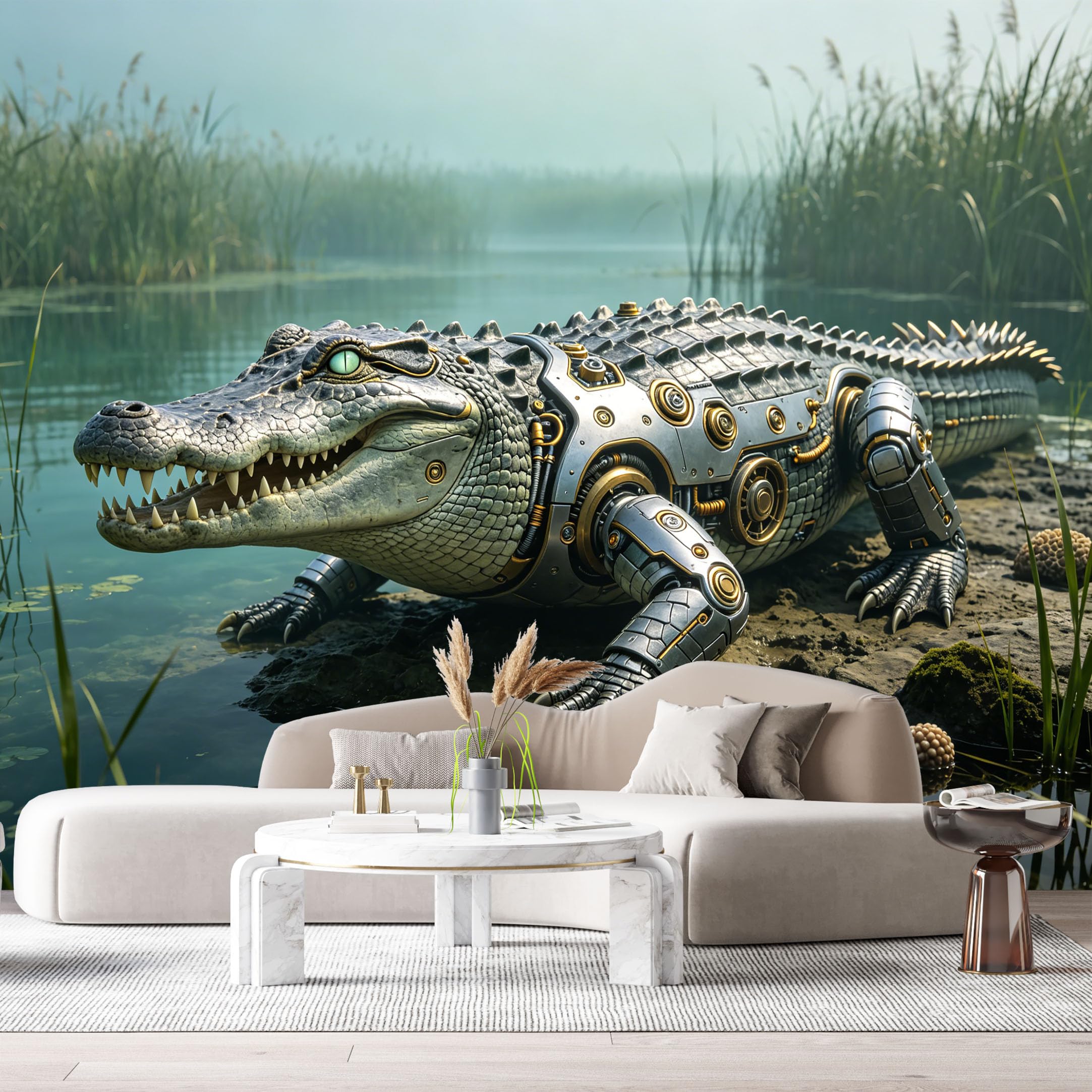 Custom Size Wall Mural Mechanical Crocodile SciFi Robot Reptile Futuristic Metal Armor Industrial Style SelfAdhesive Art Prints Removable Large Wallpaper Esports Room Game Room Studio