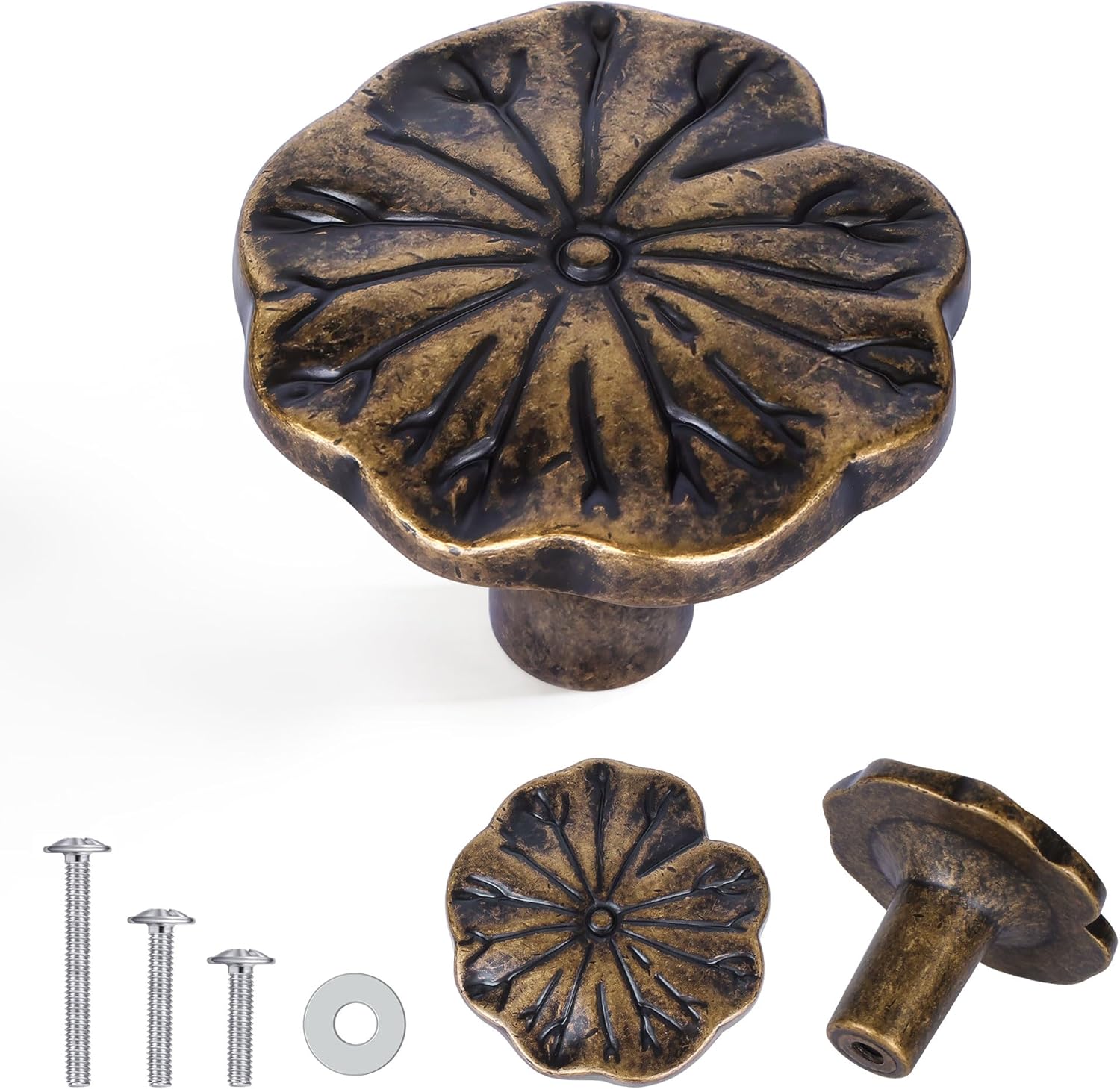 4 Pack 1.2 Inch Antique Brass Flower Cabinet Knobs, Vintage Floral Drawer Pulls – Decorative Dresser Handles for Furniture, Vanity, Closet, Bathroom – Unique Antique Hardware