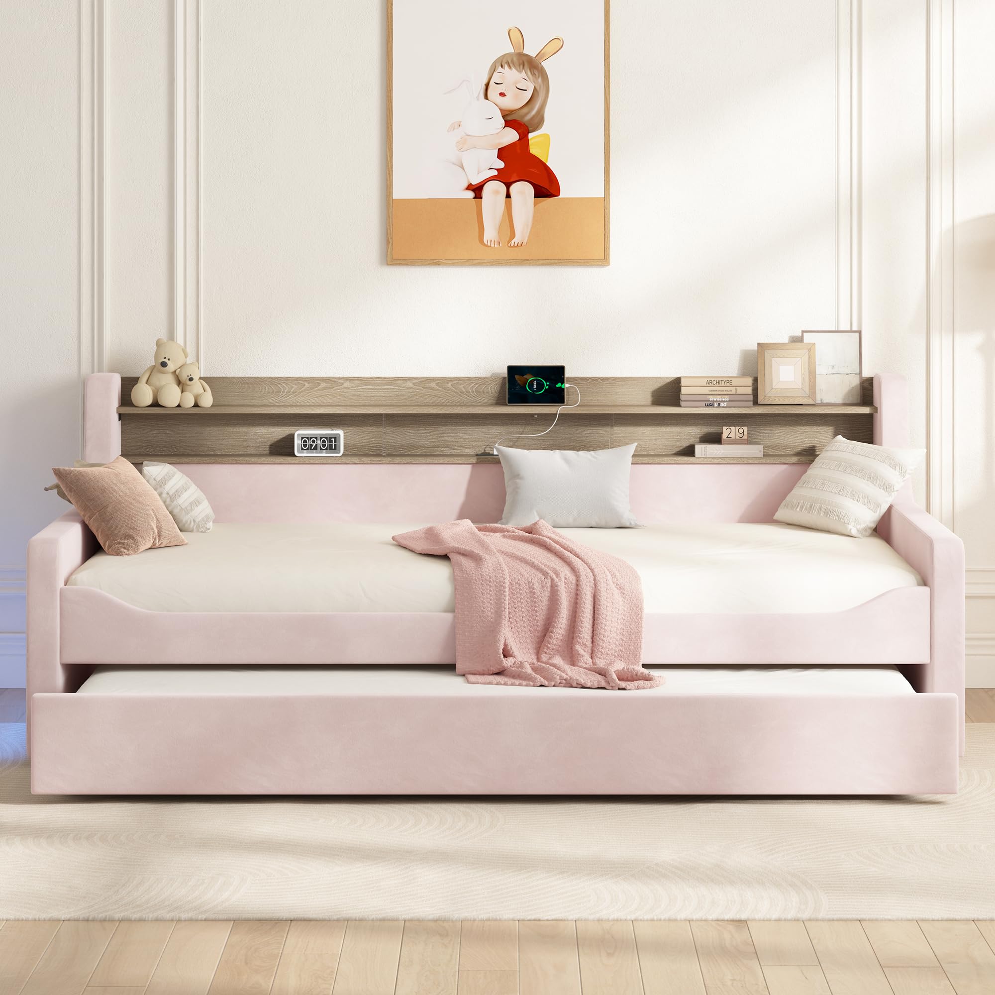 Jocisland Twin Daybed with Trundle, Upholstered Day Bed with Storage Headboard & Charging Station, LED Corner Bed Frame Furniture for Bedroom/Living