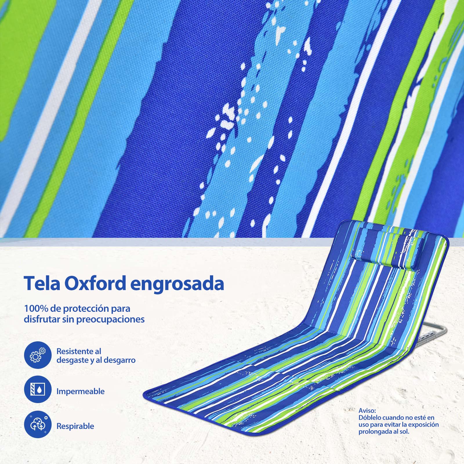 COSTWAY Set de Esterilla de Playa con Respaldo Plegable y una Mesita, Set Tumbonas Regulables 5 Posiciones para Relajarse Exterior Tomar el Sol, Sillas Regulables Portátiles para Playa Camping (Azul)