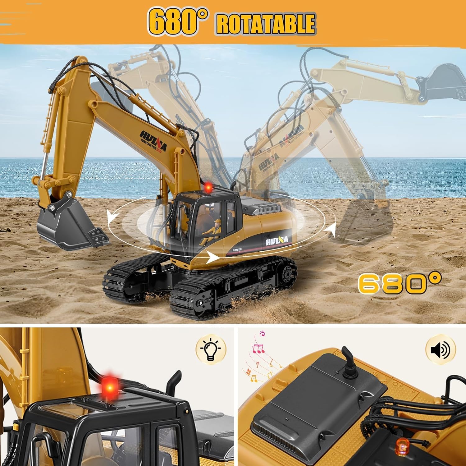 Lischwert Pelleteuse Télécommandée,Pelle RC en Alliage 3 in1,Télécommande Digger 1/14 22 canaux,Excavatrice Jouet Camion Chantier Télécommandée avec LED et Son