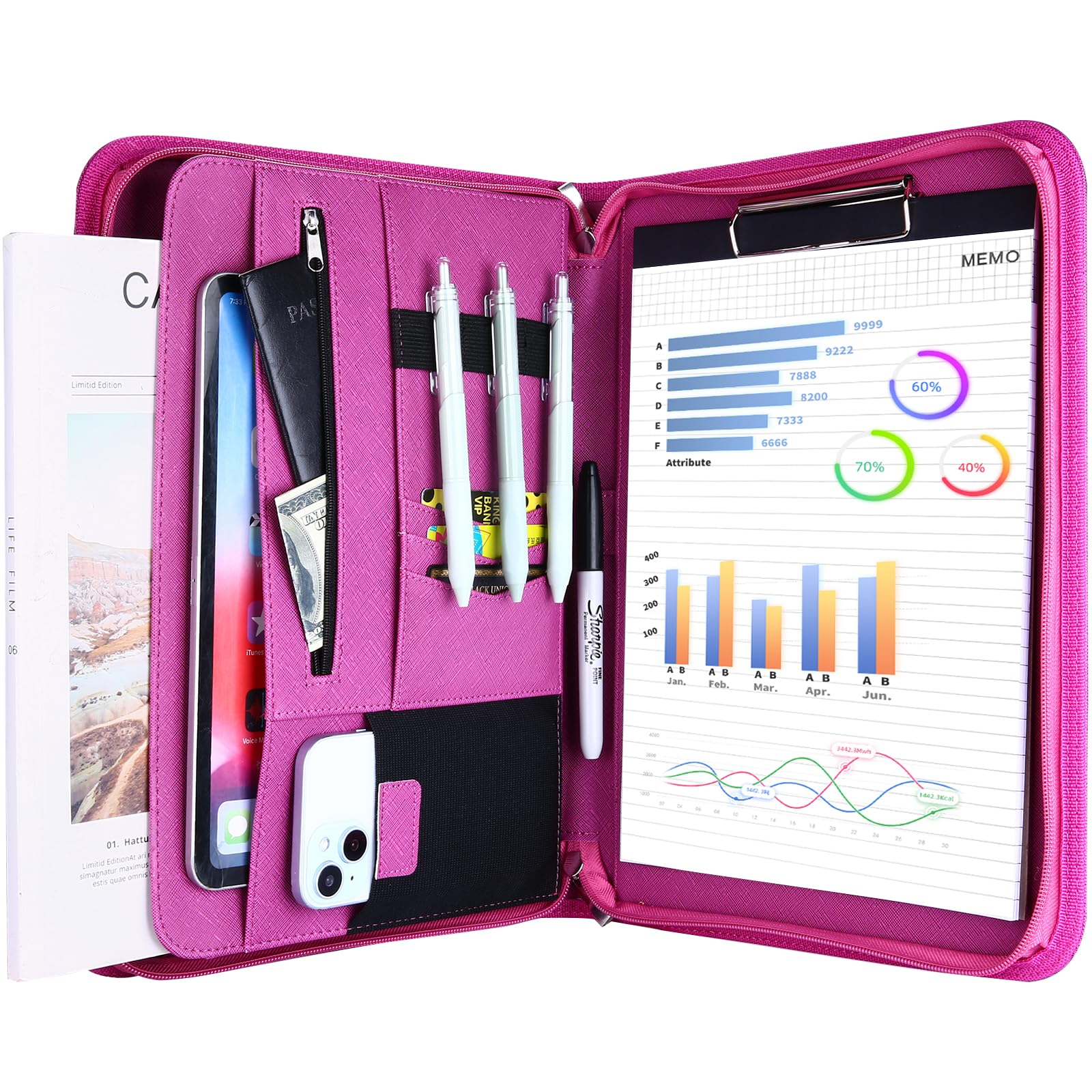 ProCase Portfolio Business Padfolio Folder with Zipper, Conference Meeting Executive File Legal Document Organizer with Pockets Letter Size A4 Writing Pad Notepad Padfolio -Magenta