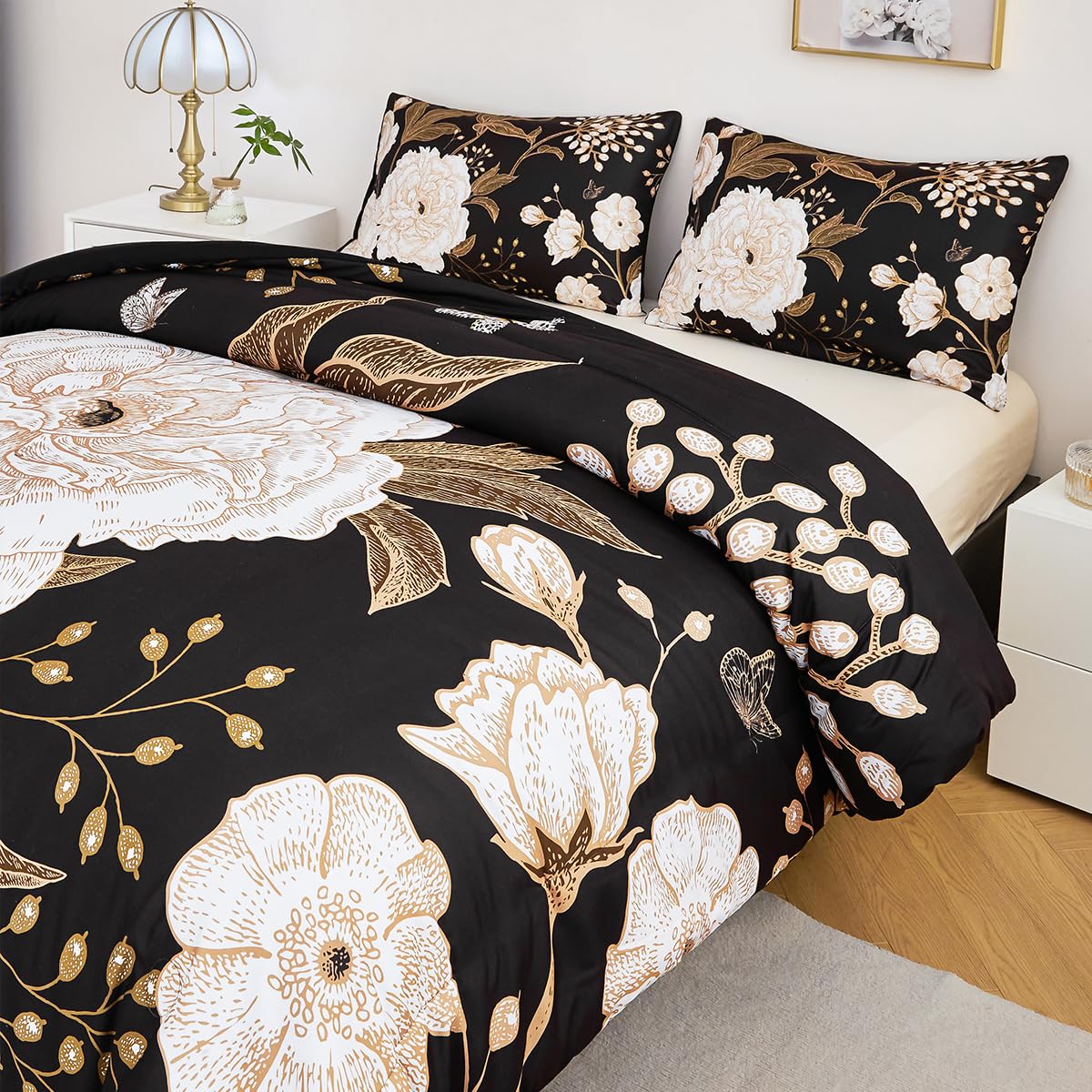 STYHO Floral Duvet Cover Set Black King 3Pcs Farmhouse White Flower and Butterfly Printed Bedding Set Soft Microfiber Botanical Themed Duvet Covers with Pillowcases(Black - Image 3