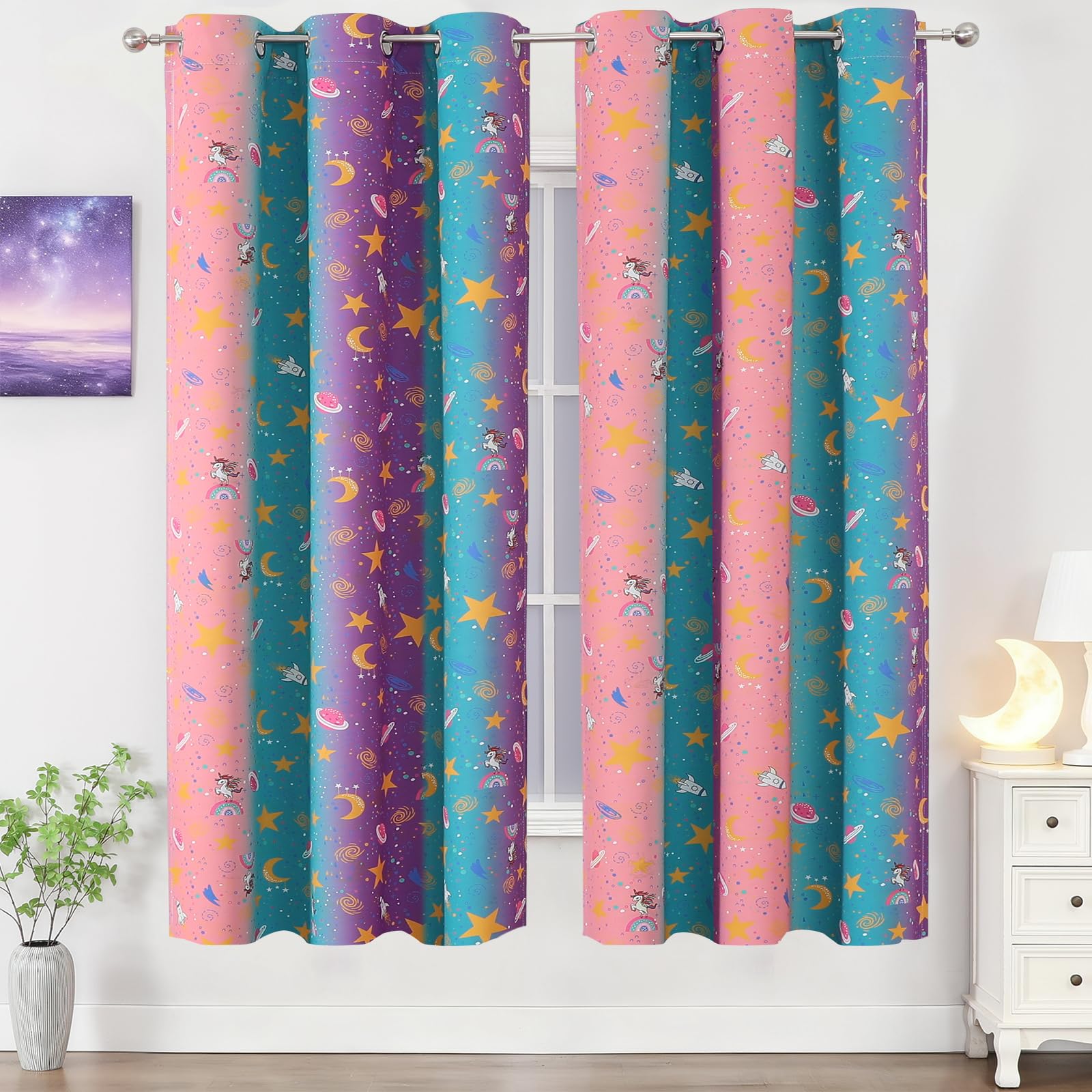 VEHEDE Rainbow Unicorn Blackout Curtains for Kids Room Princess Style Eyelet Curtain Cartoon Star Prints Thermal Insulated Darkening Window Treatments Drapes