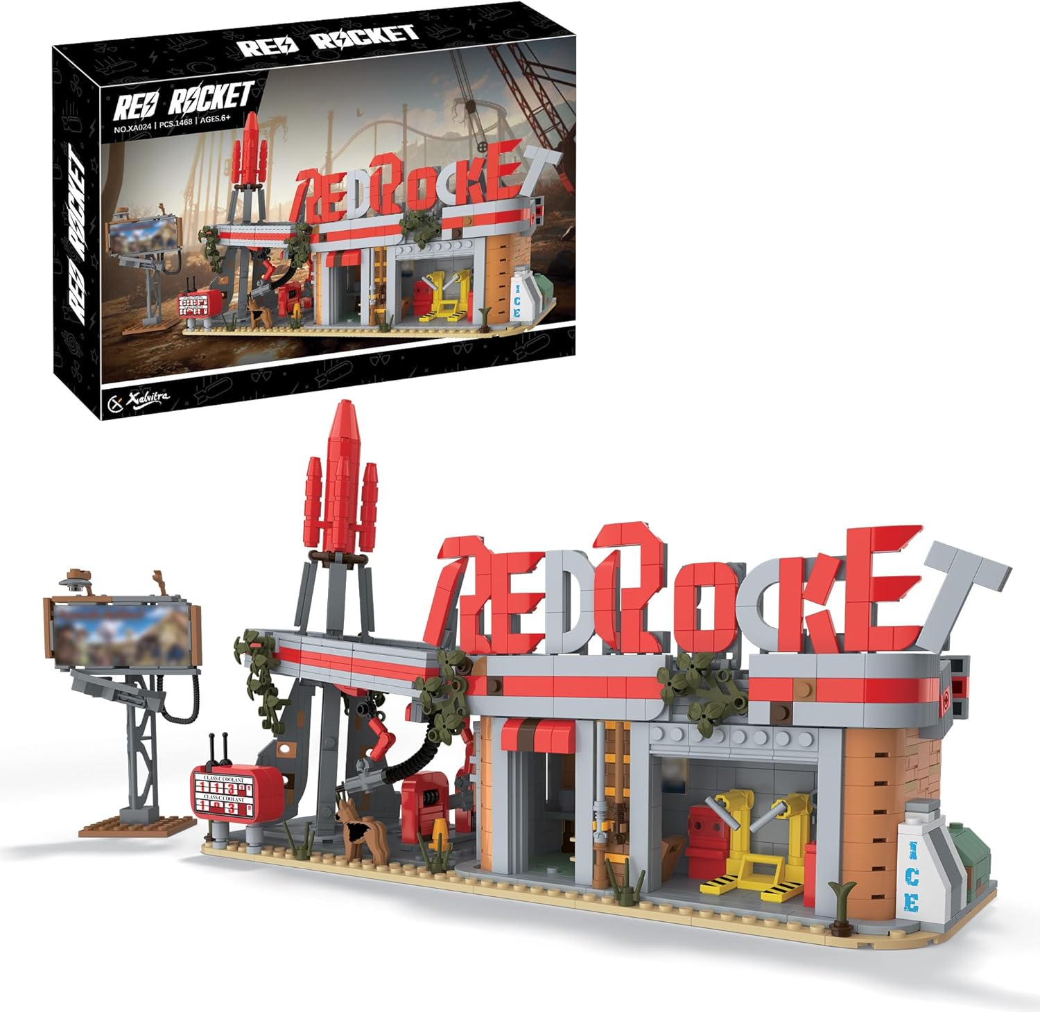 Xalvitra Red Rocket Gas Station Building Blocks Toys, Wasteland Truck Stop Classic Game Merch Creative Action Figures Merchandise, Collectible Present for Fans Friends Kids