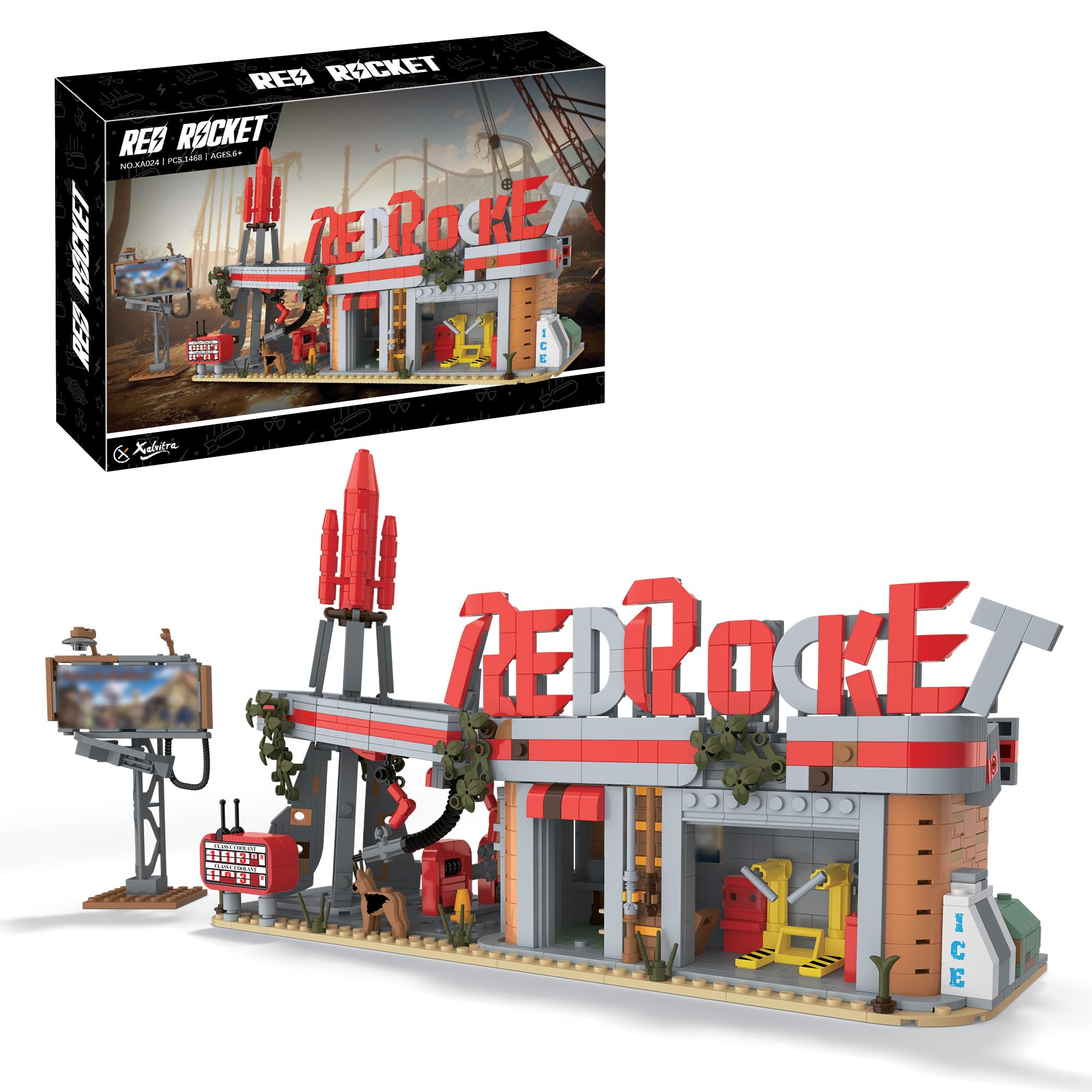 Red Rocket Gas Station Building Blocks Set Toys,Wasteland Truck Stop Bricks