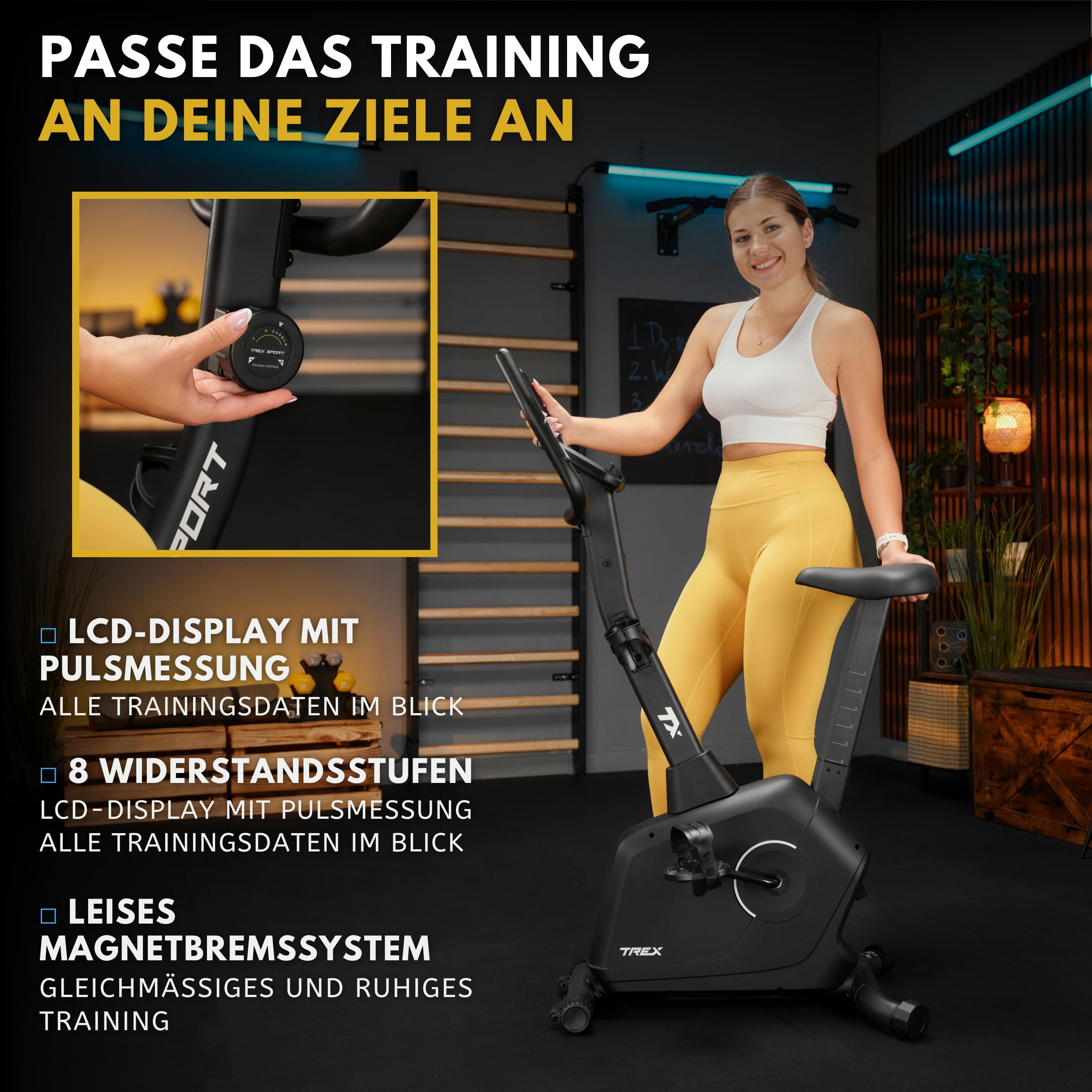 TREX SPORT Heimtrainer Fahrrad Magnetisch RIGON leise bis 120kg 8 Stufen | TX-380MB Fitnessbike, leise, LCD Display, Pulsmesser, Hometrainer, Schwarz / Marineblau